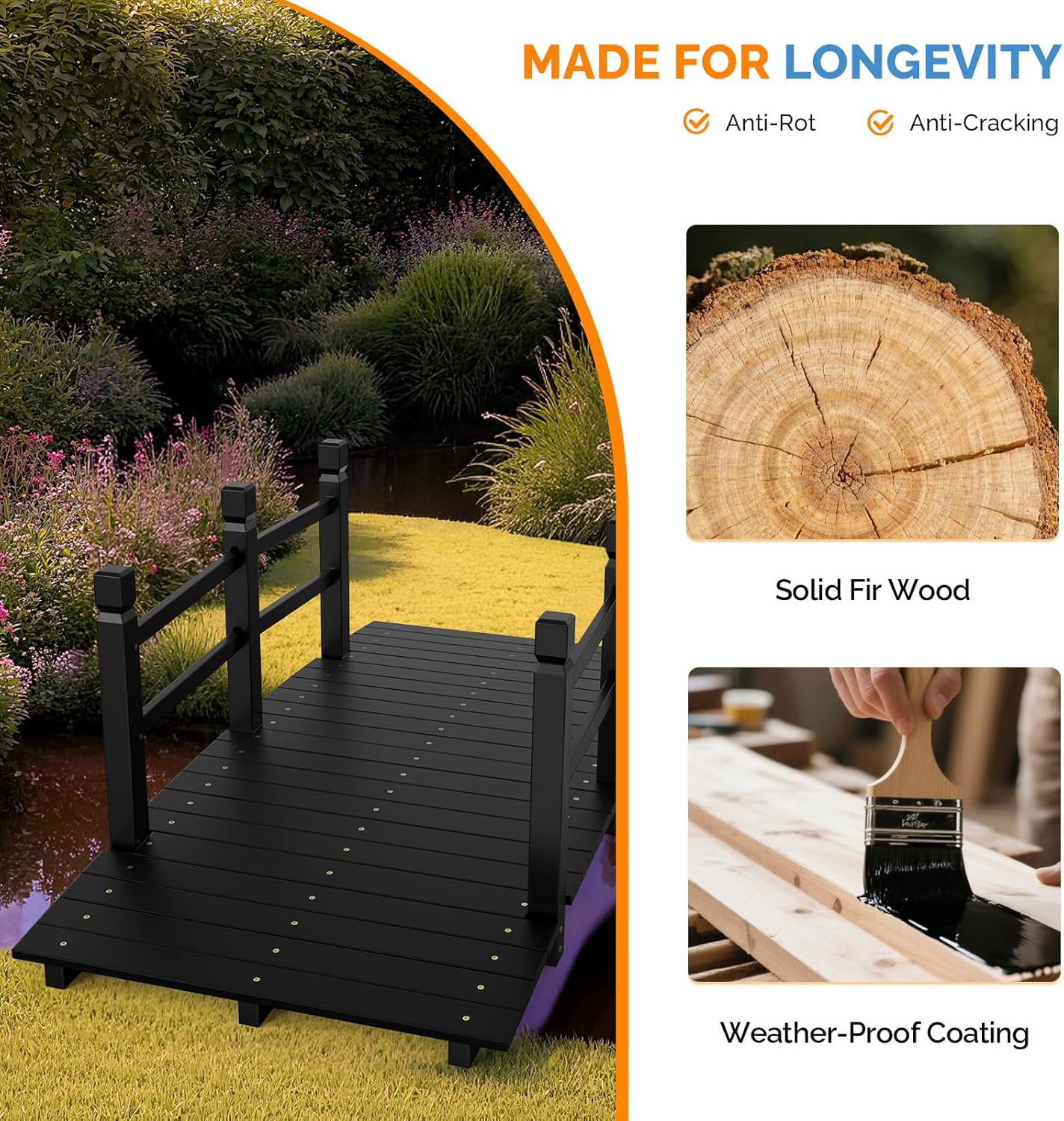 VINGLI Garden Bridge, Classic Wooden Arch with Safety Rails Footbridge (Black, 5 ft)