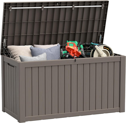NUNU LAB 150 Gallon Outdoor Storage Box,Resin Large Sturdy Deck Box, Backyard Outside Storage Box Waterproof with Double Wall Panels,Package Delivery,Garden Outdoor Hose Bin
