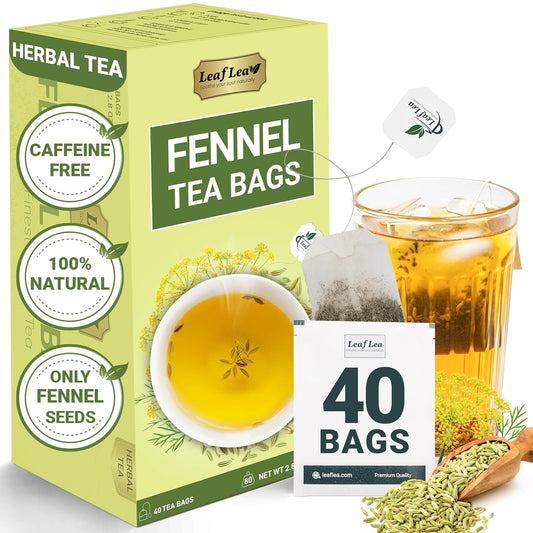 LeafLea 40 Fennel Tea Bags, 100% Natural & Pure Fennel Seed Tea, Gentle Digestion & Fresh Breath, Mild Sweet Finish, Caffeine-Free, Sugar-Free, Vegan, Non-GMO, Individually Wrapped