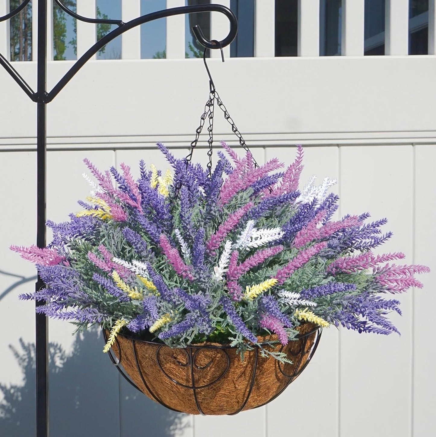 Artificial Fake Fall Hanging Flowers Plants Basket for Outdoor Outside Summer Decor, Faux Mixed Colorful Lavender in Coconut Lining Planter Look Real UV Resistant for Home Patio Porch Balcony Yard