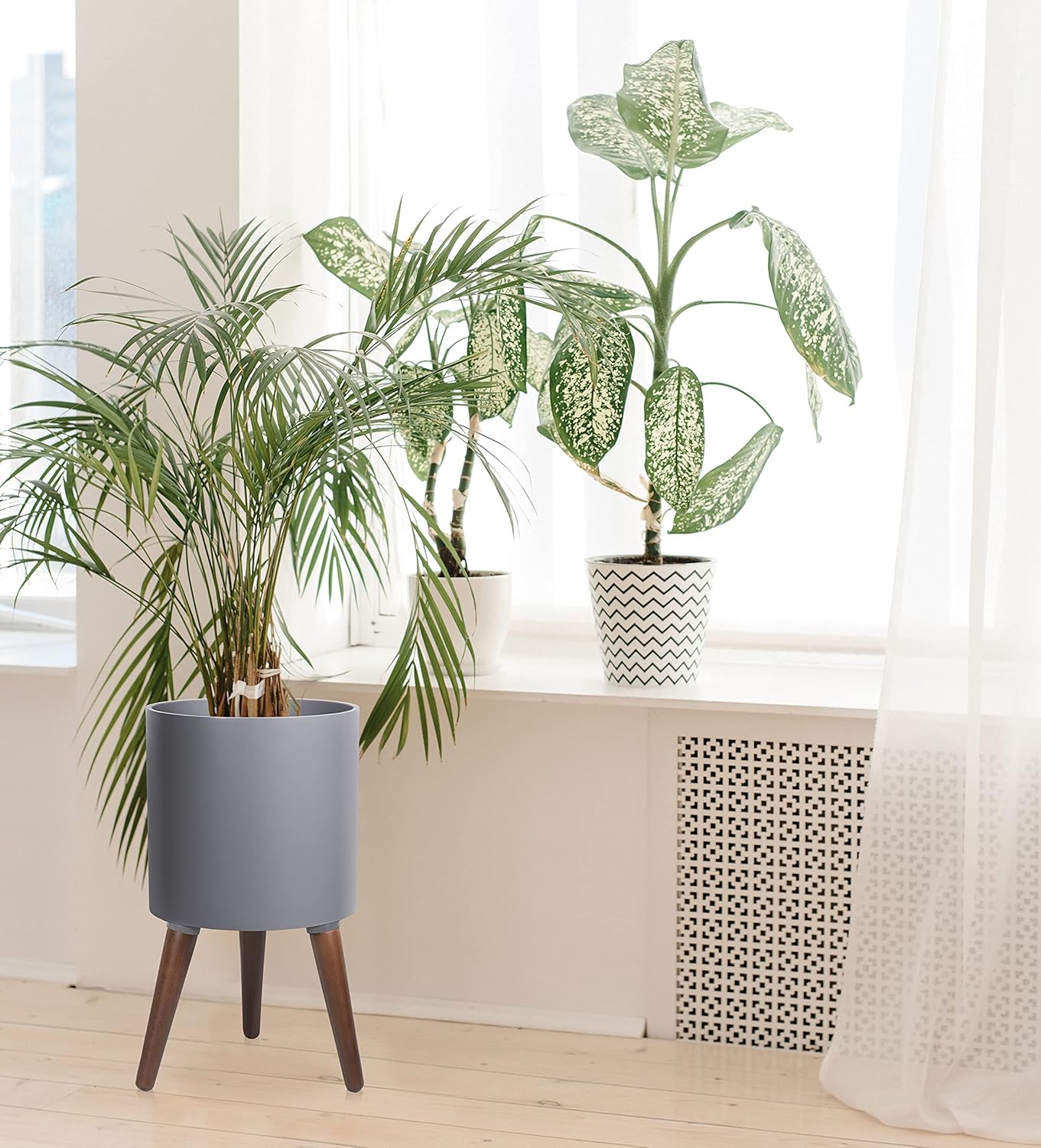 D'vine Dev 12 Inch Planter Pot with Stand, Mid-Century Tall Plant Pot with Legs for Indoor Plants, Large, Grey, 88-O-C-3