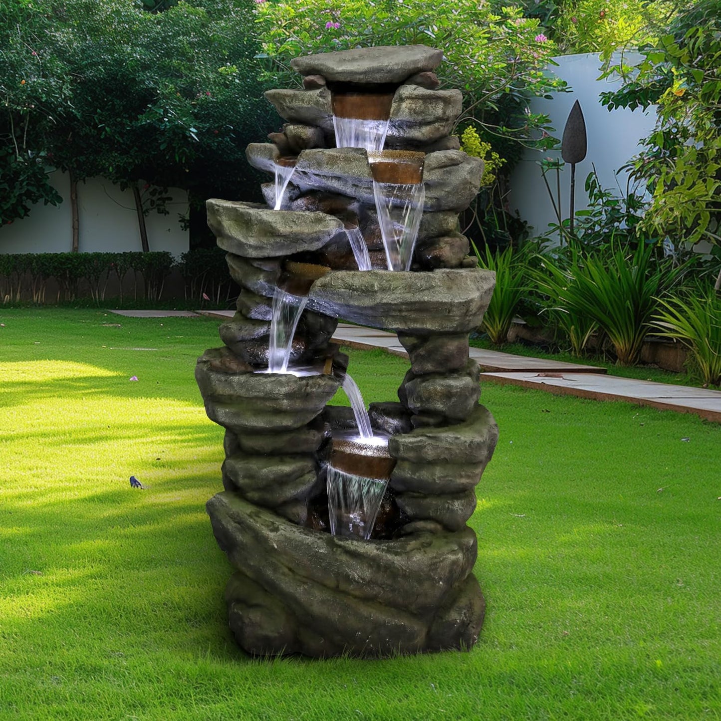 SunJet 60" High 7-Tiers Cascading Rock Outdoor Water Fountain with LED Lights - Large Outdoor Fountains and Waterfalls for Garden or Patio, Yard, and Deck Decor, Featuring Natural Stone Look