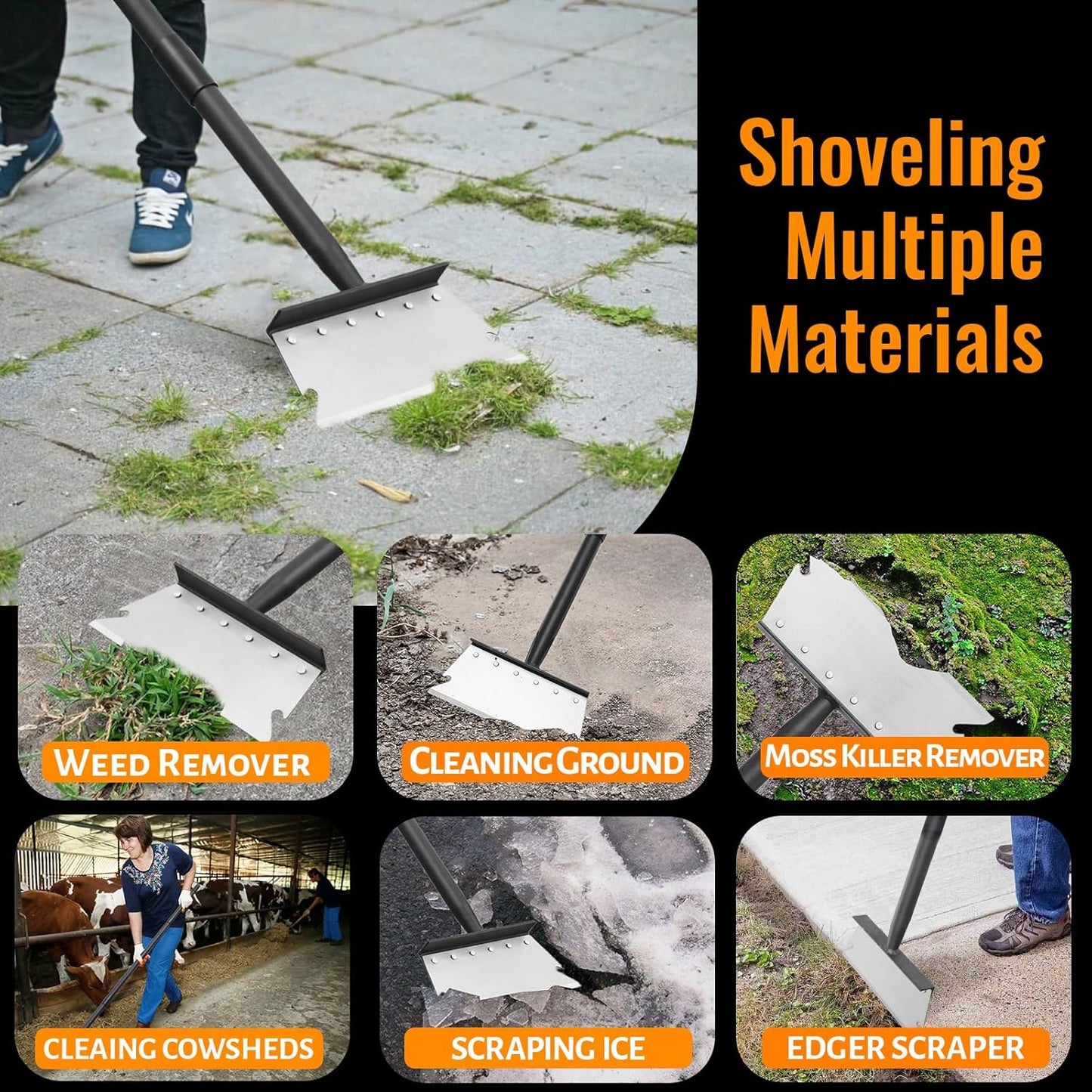 Garden Flat Shovel Scraper, Multifunctional Garden Cleaning Shovel with 59 Inch Long Handle, Heavy Duty Outdoor Floor Scraper for Weed Cleaning,Trenching,Edging and Removing Snow,Ice,Weeds,Dirty,Moss