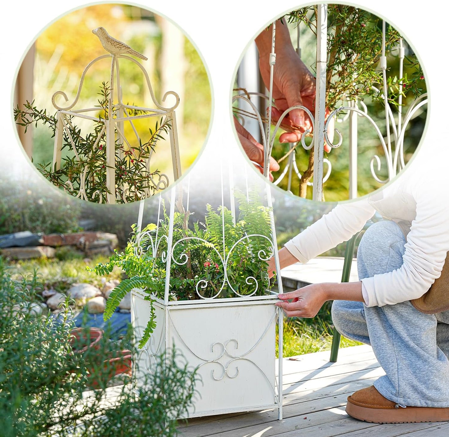 Sungmor 59 Inch Tall Distressed White Garden Obelisk Trellis with Planter Box - Metal Climbing Support for Roses/Clematis/Vines/Ivy, Decorative Outdoor/Indoor Potted Plant Stand Growing Box