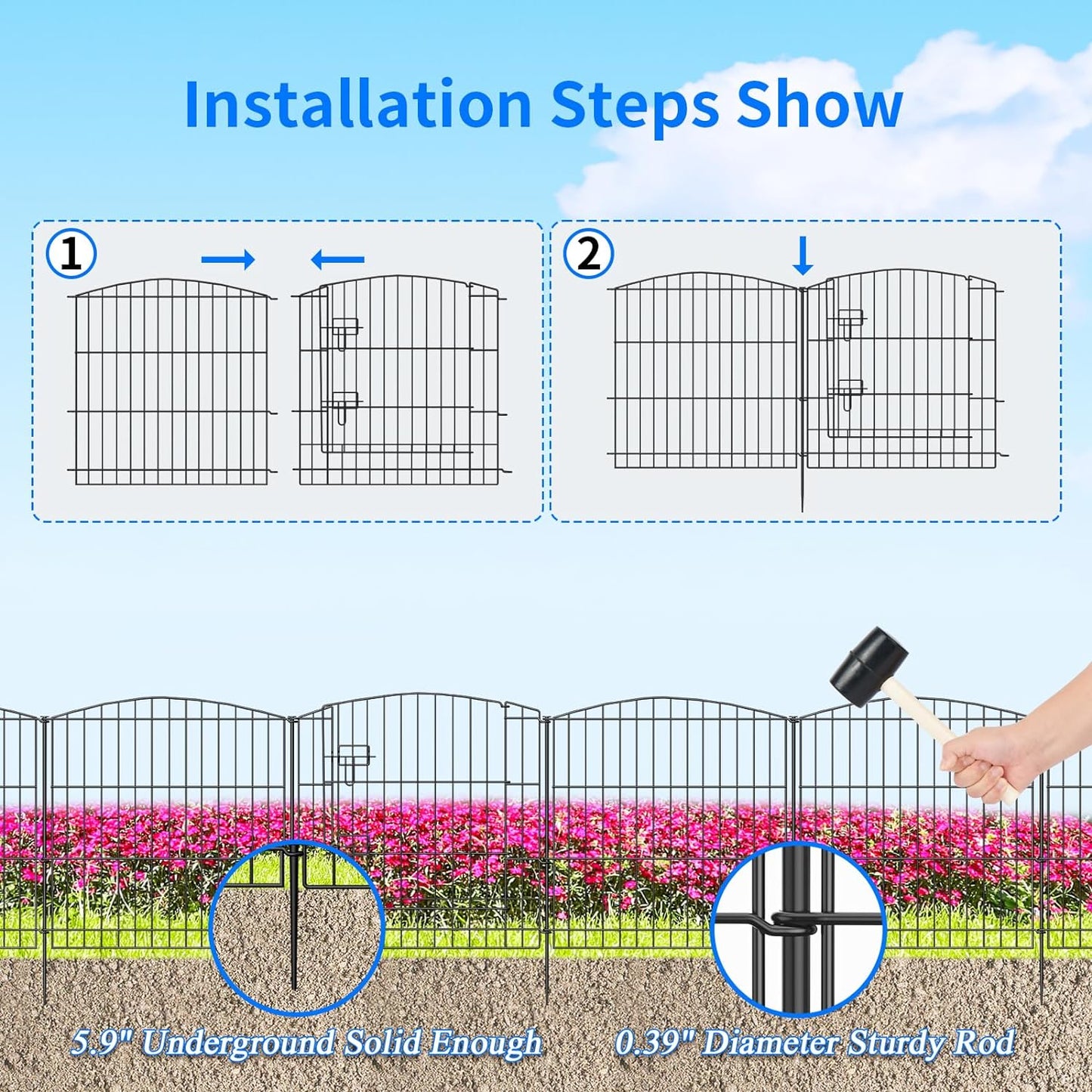 INJOPEXI Garden Fence 12 Panels 23.6ft (L)×24in (H) Decorative Garden Fences with 11 Fence Panels + 1 Gate Rustproof Wire No Dig Garden Fence Animal Barrier Fencing for Outdoor Backyard Patio - Black