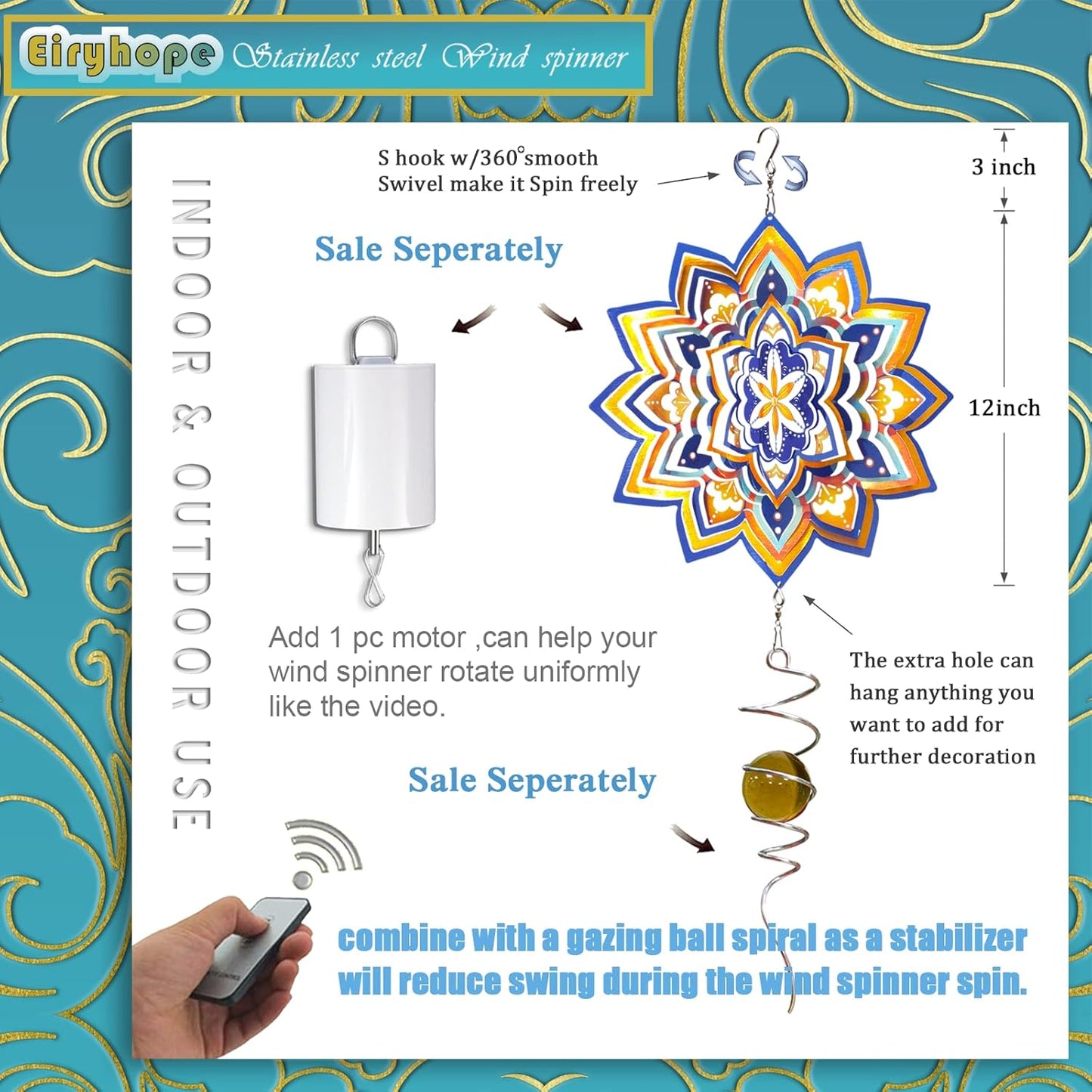 Mandala Wind Spinner - Starry Sky Design | 12-Inch Laser Cut Stainless Steel, Rustproof 3D Kinetic Hanging Wind Sculptures & Spinners for Indoor/Outdoor Garden Decor & Yard Art | Worth Gift