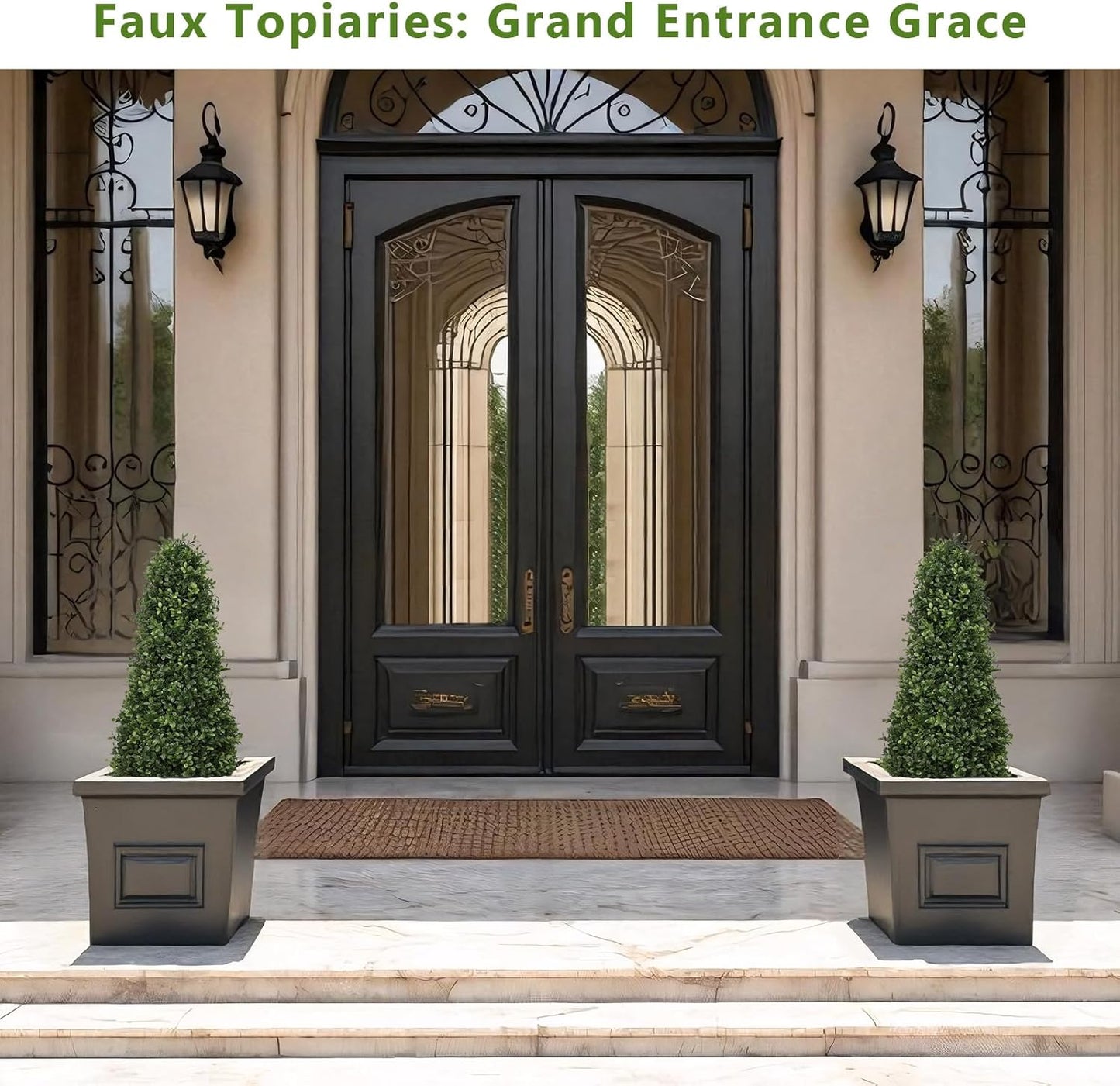 3ft Artificial Boxwood Topiary Trees (Set of 2) - UV Resistant Faux Plants Outdoor, Realistic 36" Fake Cone Bushes and Shrubs for Front Porch, Planter, Patio - Low Maintenance & Evergreen