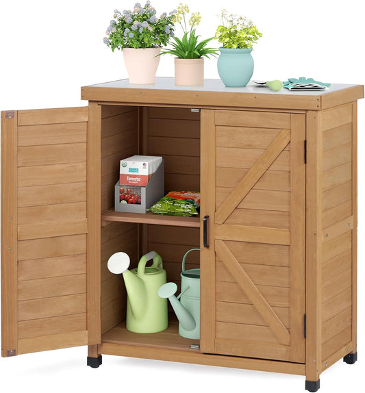 Outdoor Storage Cabinet & Potting Bench Table with Metal Top, Wooden Patio Furniture, Garden Workstation (Light Brwon, 36x31x17in)