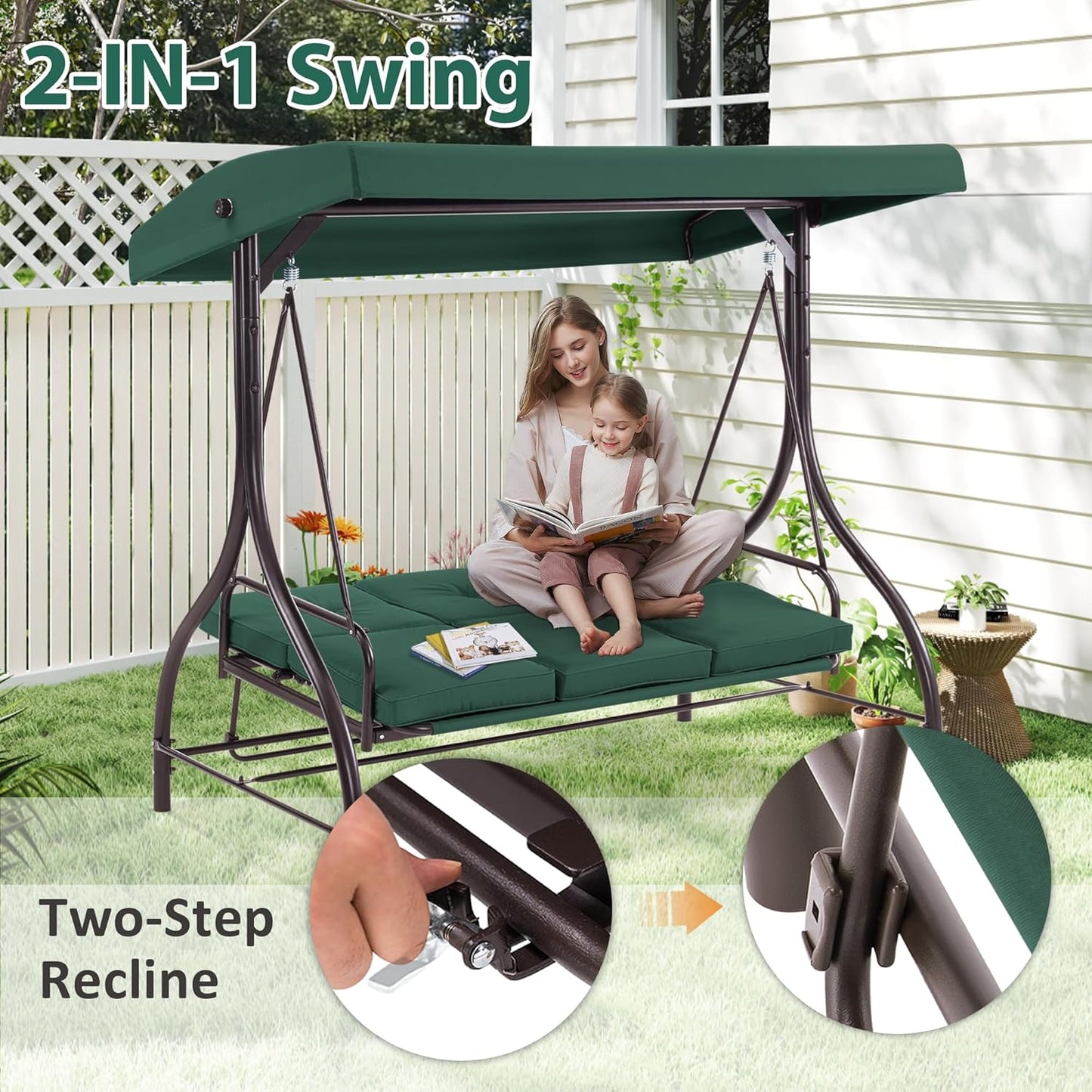 MCombo 3-Seat Outdoor Patio Swing Chair, 2-in-1 Convertible Porch Swing Glider Chair with Removable Cushions, Adjustable Canopy & Pillows for Backyard, Deck, Garden, 4068 (Green)