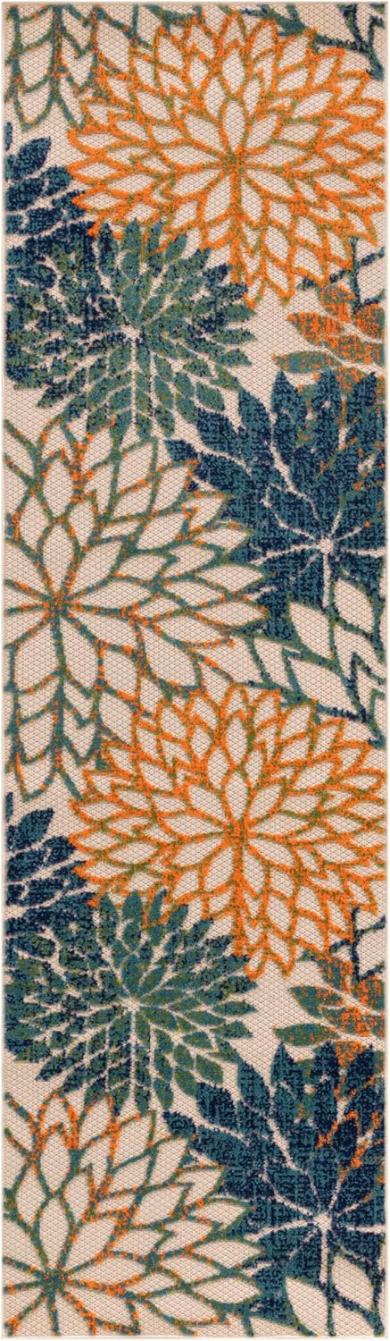 Nourison Home Aloha Indoor/Outdoor Blue Green 2'3" x 8' Area Rug, Easy Cleaning, Non Shedding, Bed Room, Living Room, Dining Room, Backyard, Deck, Patio (2x8)