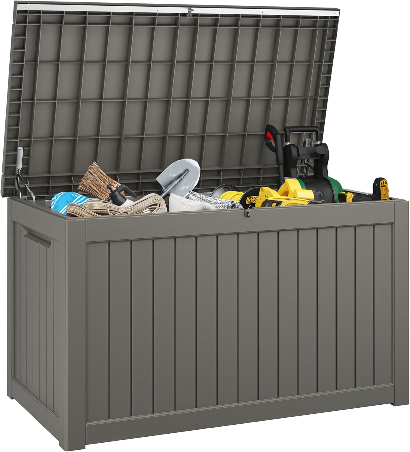 KAMABOKO 230 Gallon Outdoor Storage Box, Resin Deck Boxes Indoor and outdoor, Waterproof Storage Box Lockable Lid for Garden Tools, Package Delivery, Patio Cushions, Grey