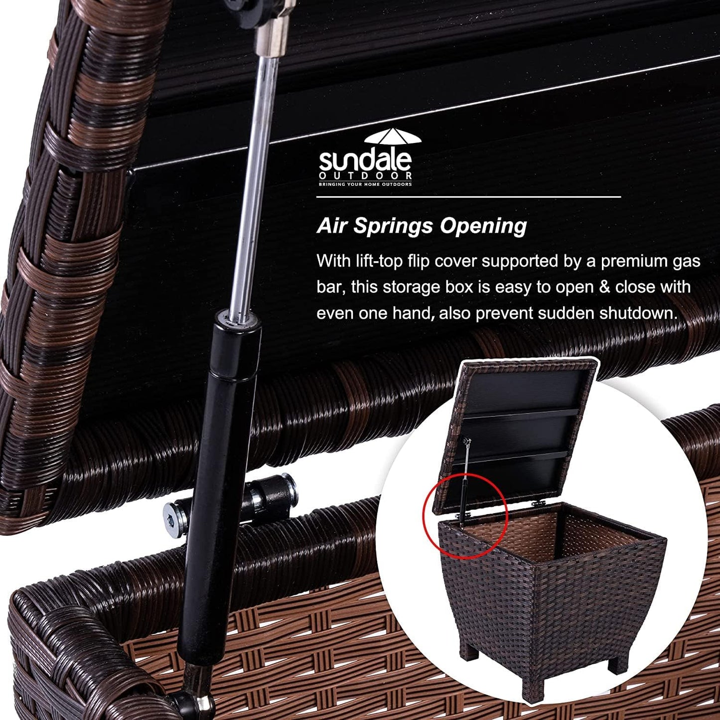 Sundale Outdoor Small Deck Storage Box with Lid, 13 Gallon Outdoor Bin Storage Container for Hose Cushion Towel, Patio Fully Assembled Brown Wicker Side Table with Storage - Rattan