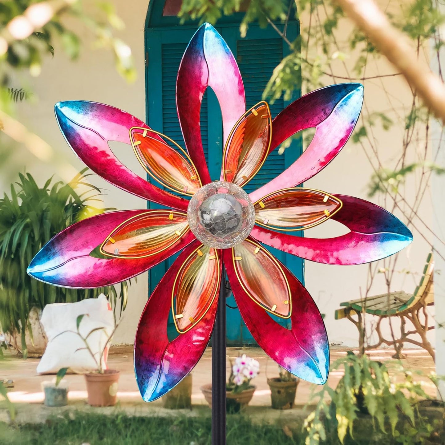 WONDER GARDEN Wind Spinners for Yard and Garden-Solar Wind Spinner - 5.2 FT Wind Sculptures & Spinners Windmill with LED Light Glass Ball for Garden Patio Outdoor Decor