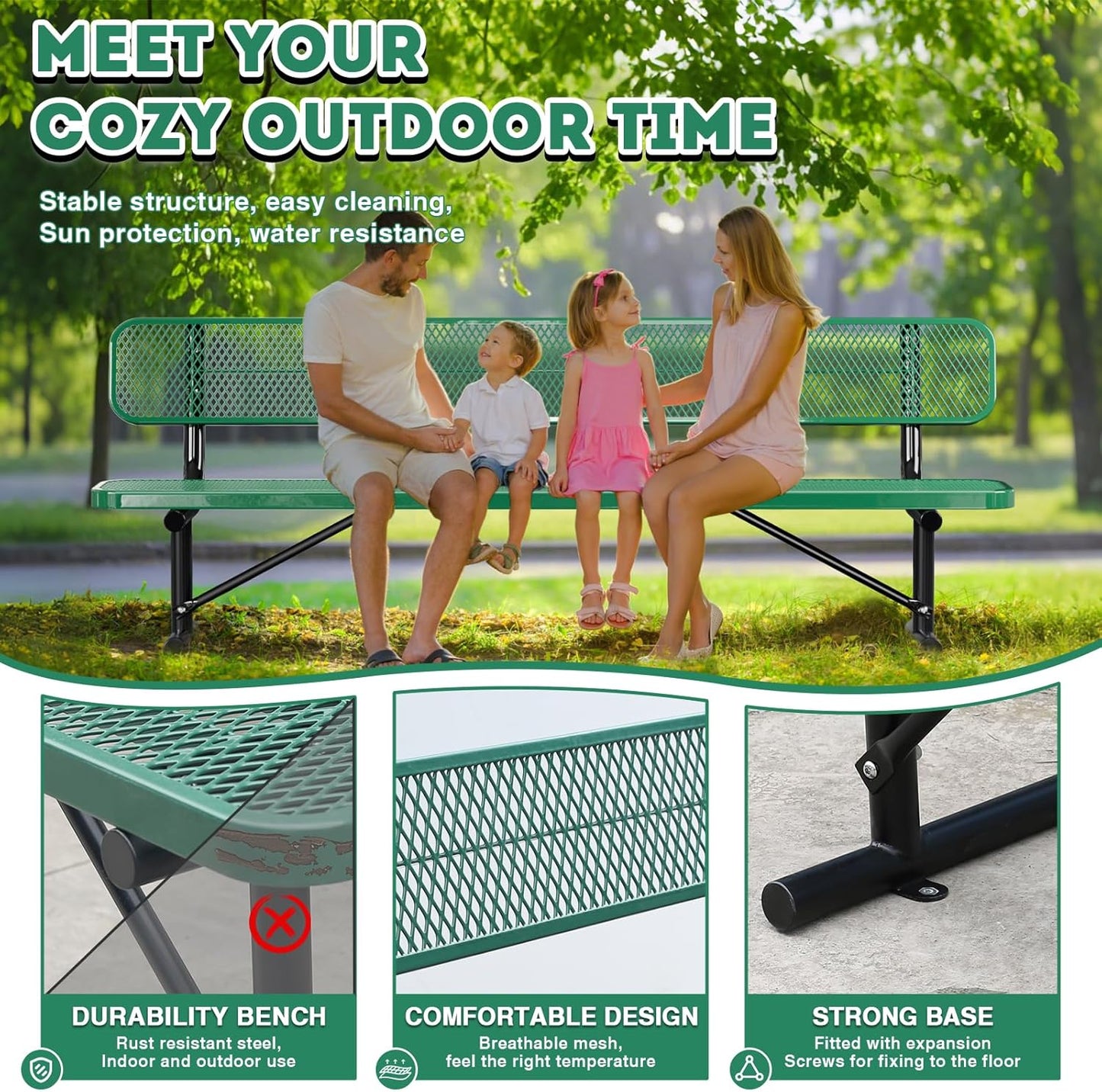 8Ft Heavy Duty Park Bench with Back Portable Frame, Outdoor Steel Bench with Backrest, Expanded Metal Mesh Bench for Lawn, Park, Deck, Garden, Patio, Porch, Green