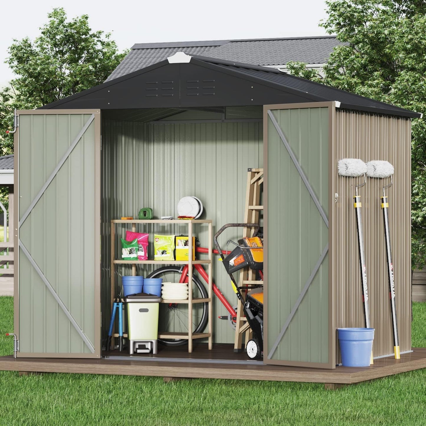 Devoko Outdoor Storage Shed 8 x 6 FT Lockable Metal Garden Shed Steel Anti-Corrosion Storage House with Single Lockable Door for Backyard Outdoor Patio (Brown)