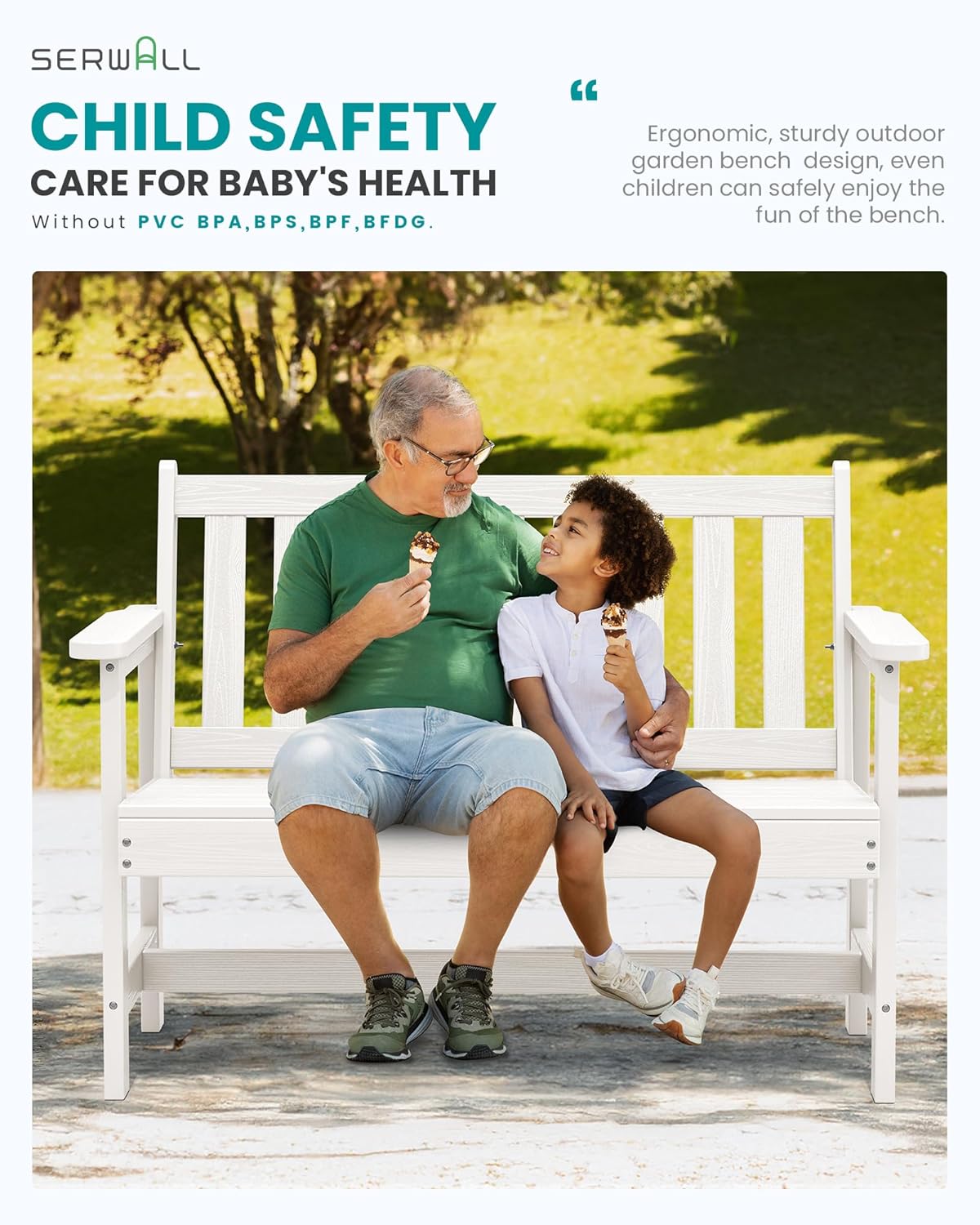 SERWALL Outdoor Bench, HDPE Outdoor Benches Weatherproof, 2-Person Garden Bench with 660 lbs Weight Capacity, Patio Benches for Outdoors, Garden, Porch, Backyard and Park, White, 6 Pack