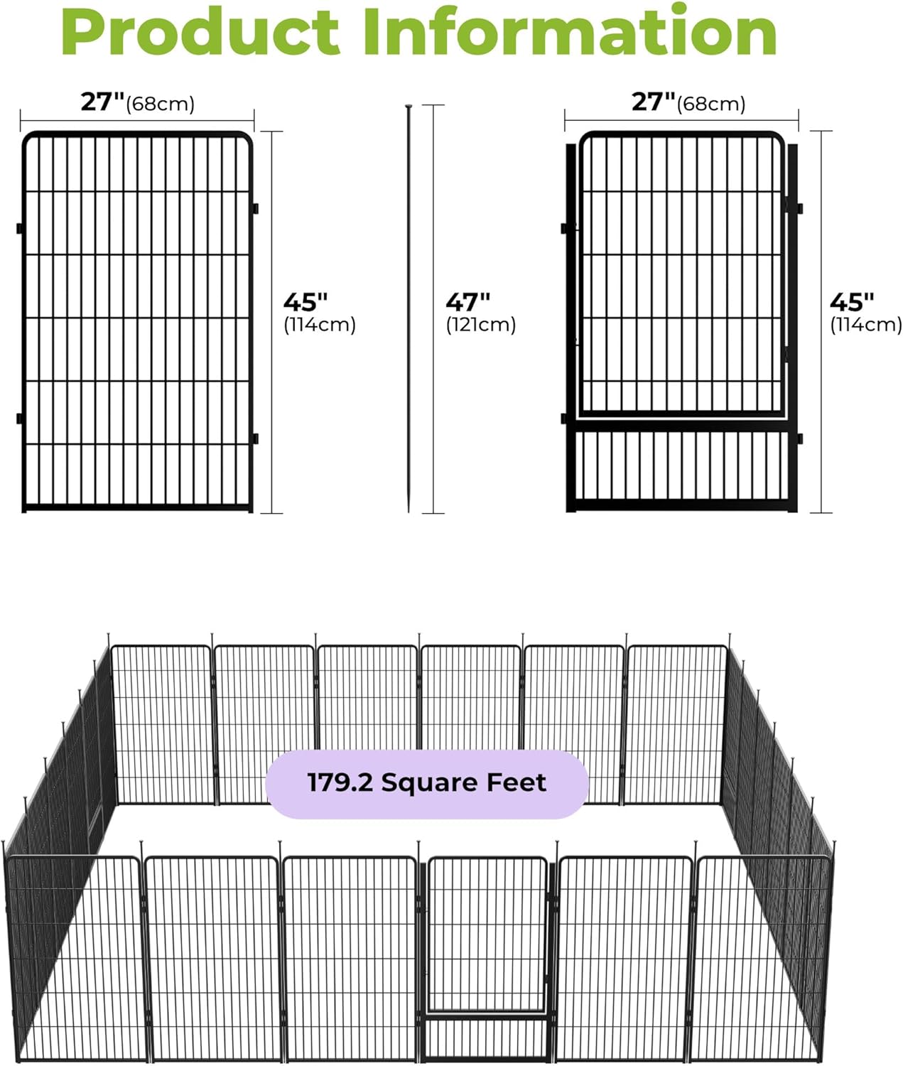 Decorative Garden Fence with Gate 45 in(H) x 53.5 ft(L) 24 Panels, Heavy Duty Metal Animal Barrier Fence for Yard, Flower Bed Fencing, Garden Border Fence, Easy Set Up, Black