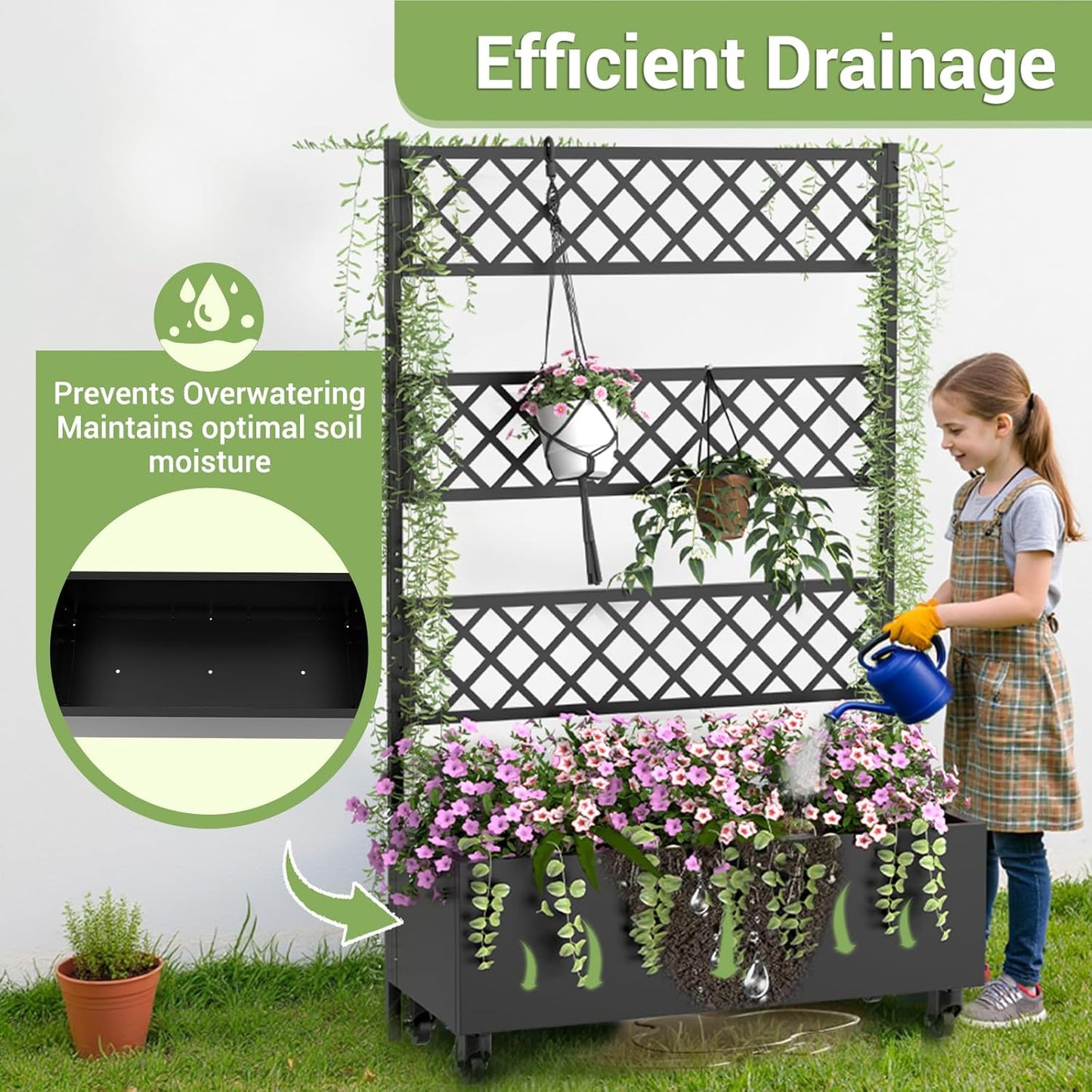 Metal Planter Box with Trellis Privacy Screen, 67"x41"x16" Raised Garden Bed with Trellis, Privacy Planter Boxes, with Planting Bag & Lockable Casters for Climbing Plants,Vegetables,and Vines