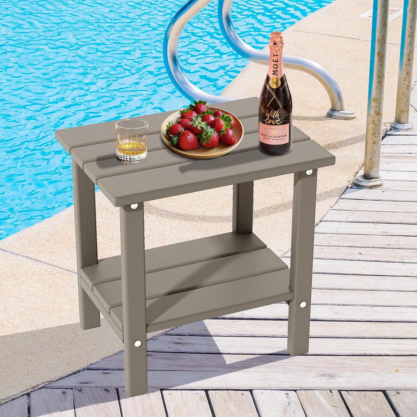 Outdoor Side Table, Weather Resistant HDPE Outdoor Table, 2-Tier Small Patio Tables for Outside or Indoor(Latte Brown)