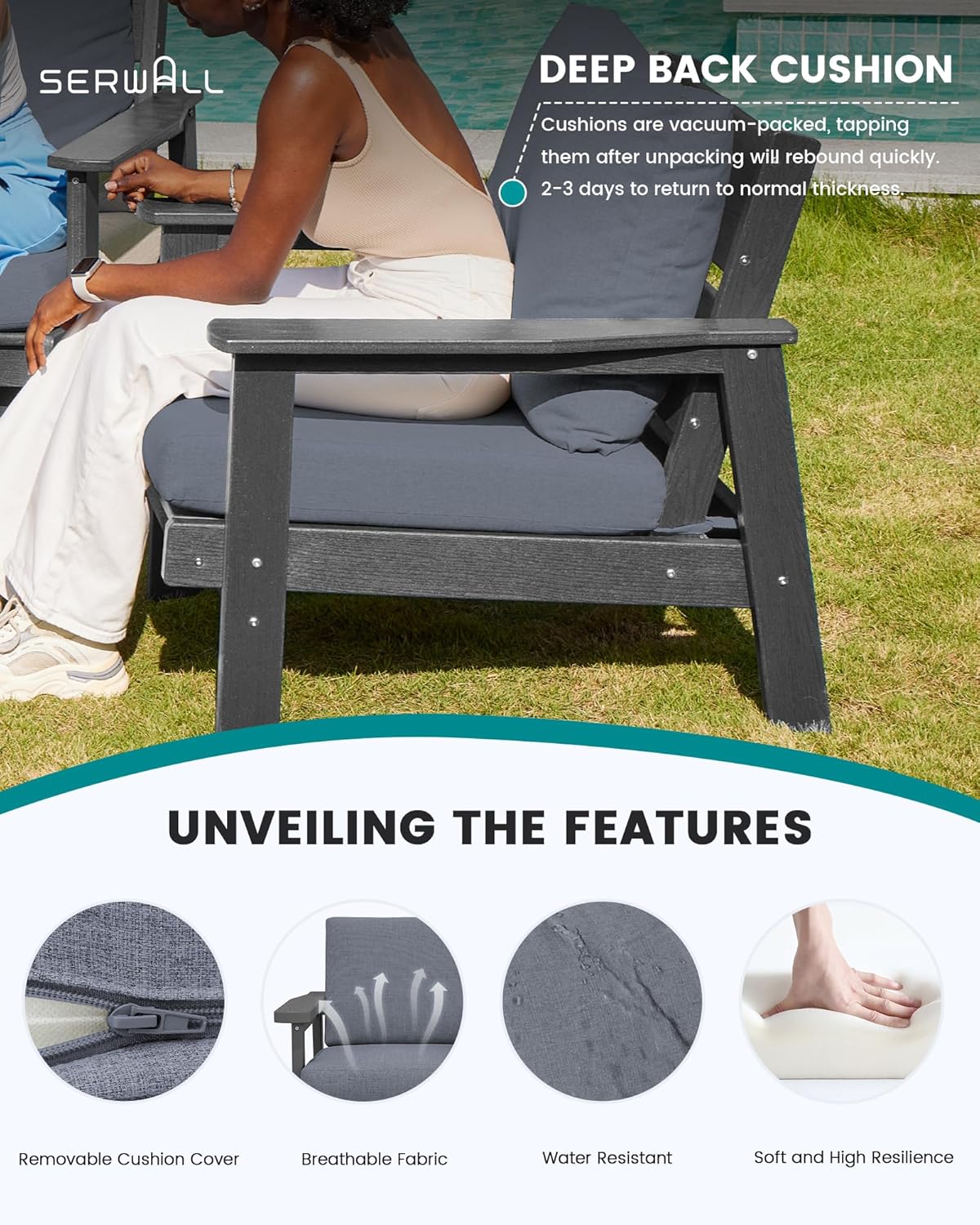 SERWALL HDPE Outdoor Patio Loveseat, Grey Frame and Grey Cushion