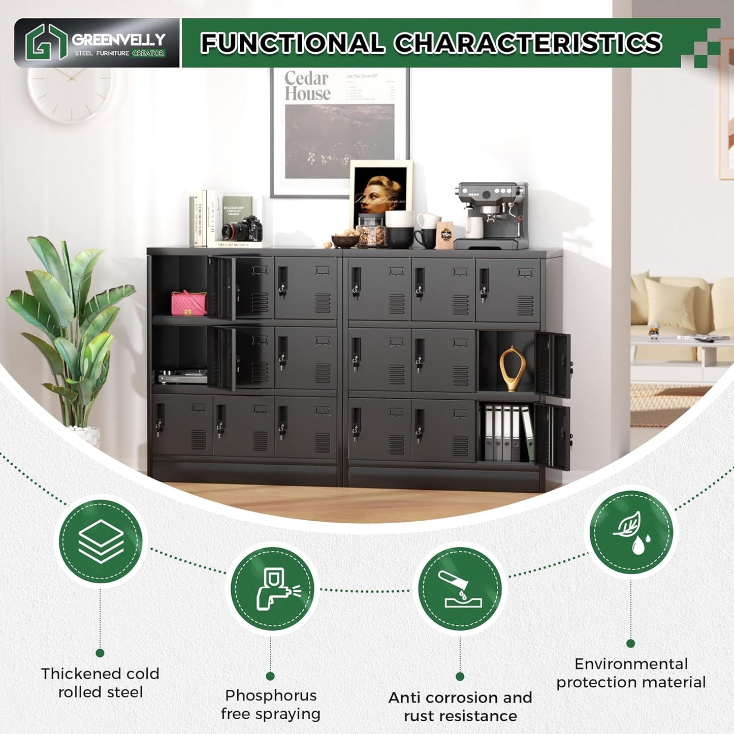 Greenvelly 9 Door Storage Locker for Employee, Metal Locker for Office, Gym, Shool, Lockable Black Steel Locker with Lock and Card Slot for Home,Garage