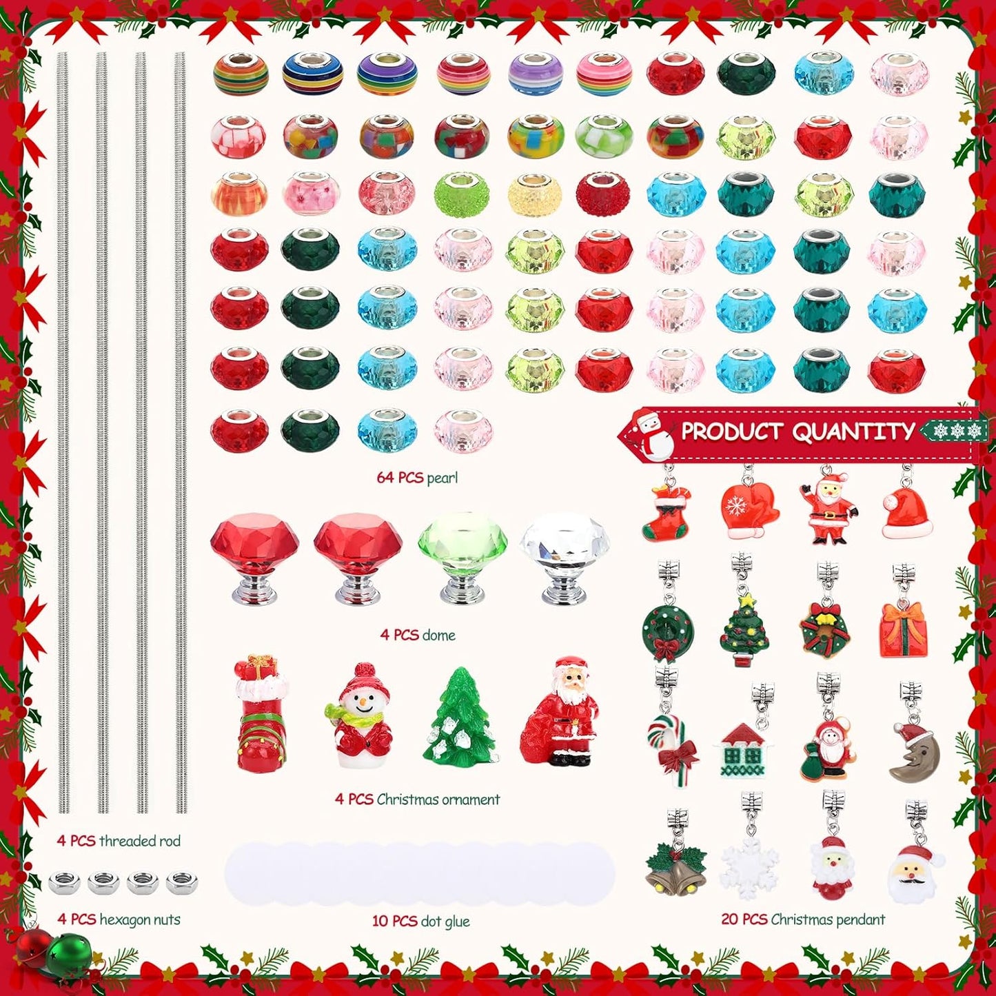 Beaded Garden Stake, DIY Fairy Wand Beaded Decorative Garden Stake Kit with 12IN Threaded Rod Crystal Stopper Top Large Holes Beads Christmas Decoration Pendants Outdoor Fairy Garden kit (110 Pieces)