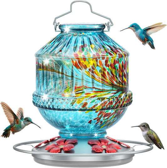 Hand Blown Glass Hummingbird Feeders for Outdoors, 25 Ounces Wild Bird Nectar Feeder with Perch & 5 Flower Feeding Ports Leak Proof Hanging for Garden Backyard Decor, Gifts for Women Mom, Blue
