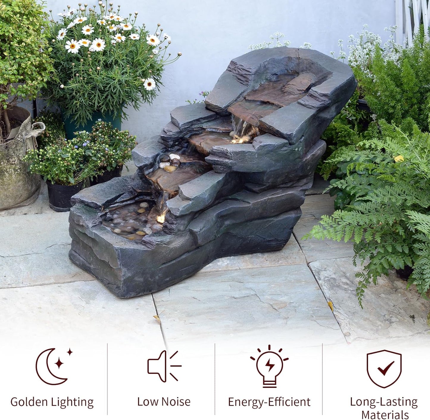 Outdoor Water Fountain 3-Tier Floor Standing Rainforest Rock River Natural Waterfall Fountains with LED Lights for Garden, Patio, Porch, Home Art Decor, 30" L