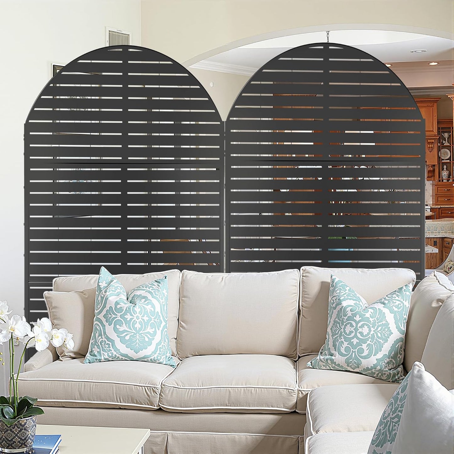 Metal Privacy Screen Outdoor 72" H×47" W,Freestanding Decorative Privacy Screen for Balcony Yard&Garden, Arched Privacy Fence-Black&Louvered