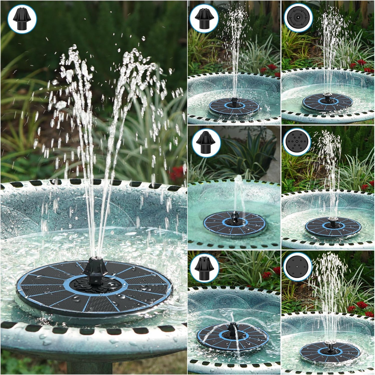 SZMP Solar Fountain for Bird Bath, Working On Cloudy Day Solar Water Fountain with 3.5W Glass Solar Panel 2000mAh Battery 4 Fixer 7 Nozzles Solar Fountain Pump(Blue Solar Panel)