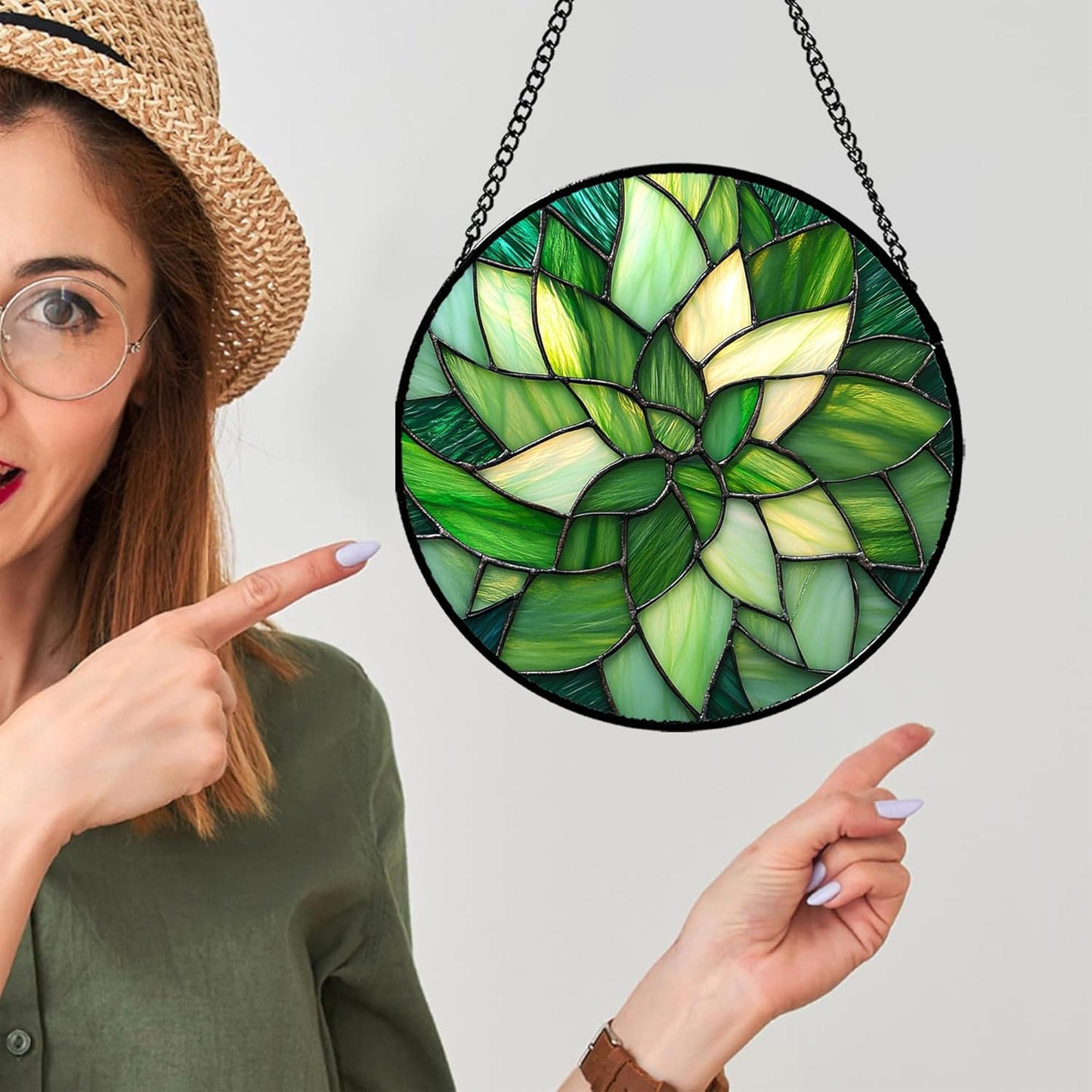 Stained Glass Window Hanging - Green Plants Suncatcher for Doors Garden Patio Flowers Sun Catchers Decor Christmas Mother's Day Birthday Gifts for Women Men Mom Nana Friend 11.8 in