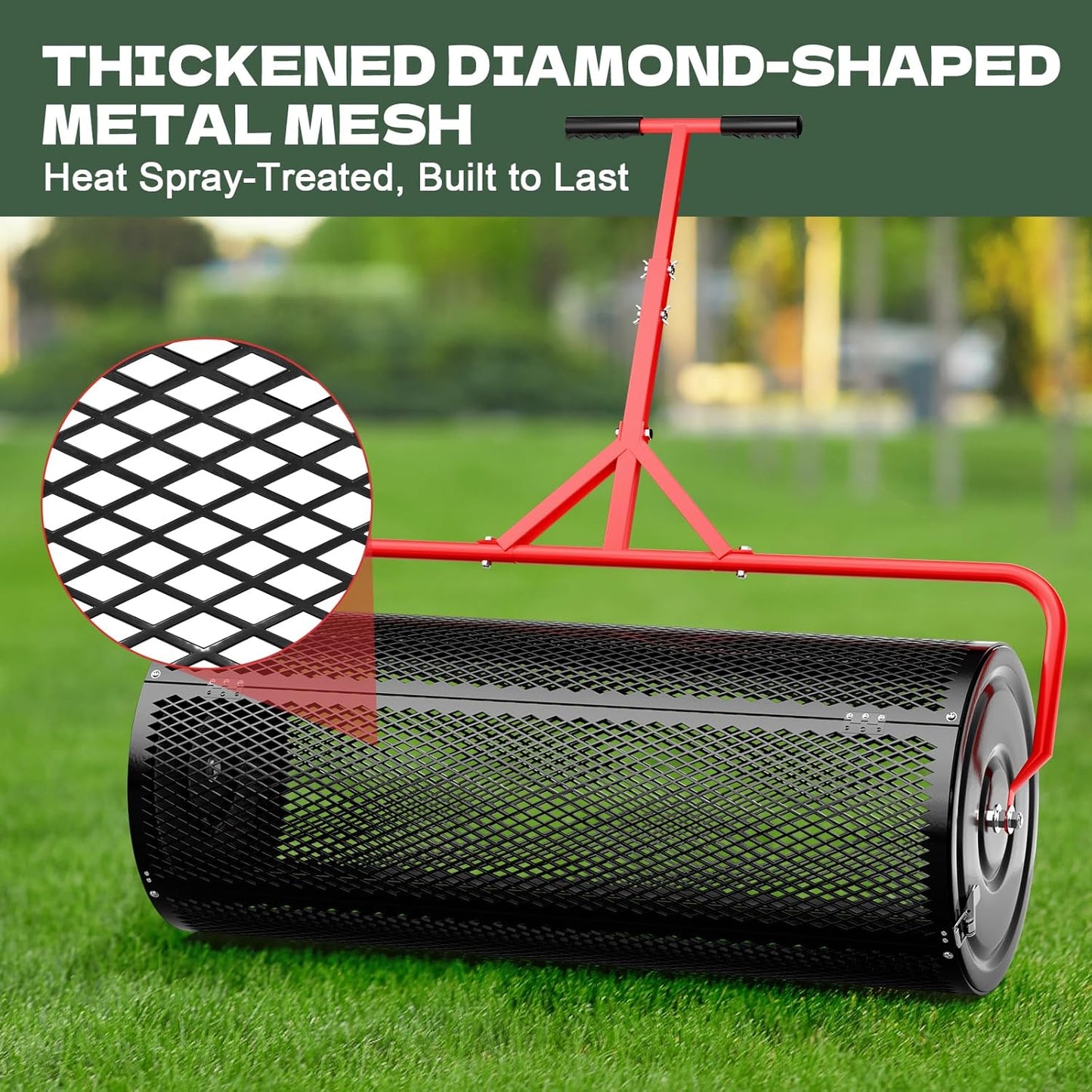 Compost Peat Moss Spreader for Lawn, 36 Inch Compost Roller Spreader with Adjustable T-Shaped Handle, Upgraded Side Clasps, Durable Lightweight Metal Roller, Lawn Garden Yard Care