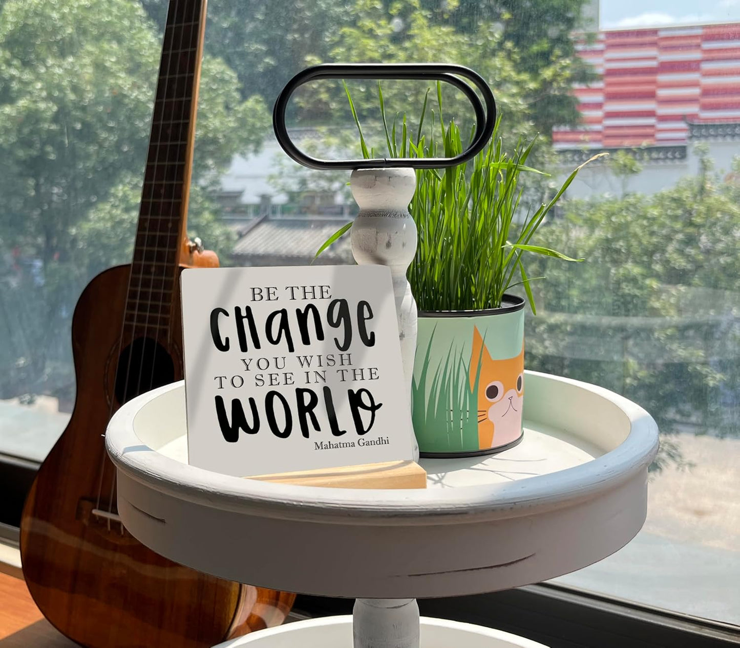 Primitive Wooden Sign, Be the Change You Wish to See in the World, Desk Plaque with Wooden Stand 4 x 4.3 inches, Mahatma Gandhi Saying, Decor for Kids Room, Home Decor, Graduation Gift B