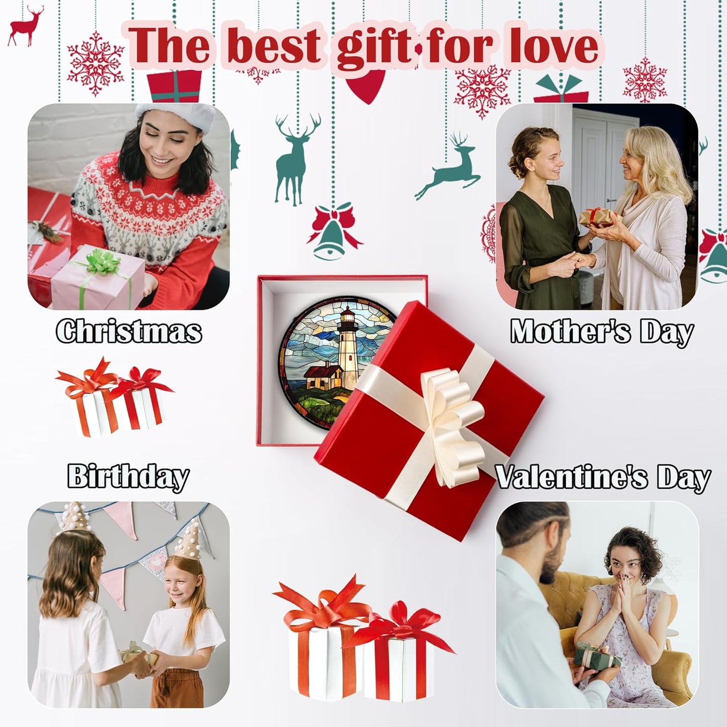 Stained Glass Window Hanging, Ocean Lighthouse Sun Catchers Glass Panel Blue Green Suncatcher Decor for Birthday for Women, Men, Wife, Aunt, and Mom 7.8 in