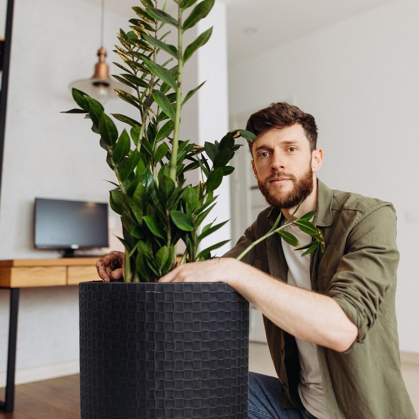 D'vine Dev 14 Inch Modern Geometric Tile Patterned Sleek Planter Pot with Stand, Indoor Outdoor Decorative Plant Holder, Distressed Black, 88-Z-D-5