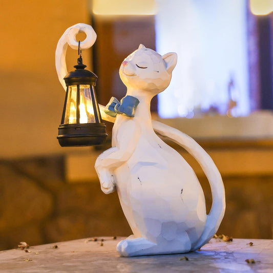 WHIMSYNOOK 10.7" White Cat Solar Garden Light Statue – Outdoor Garden & Yard Decor, LED Lantern, Gift for Cat Lovers