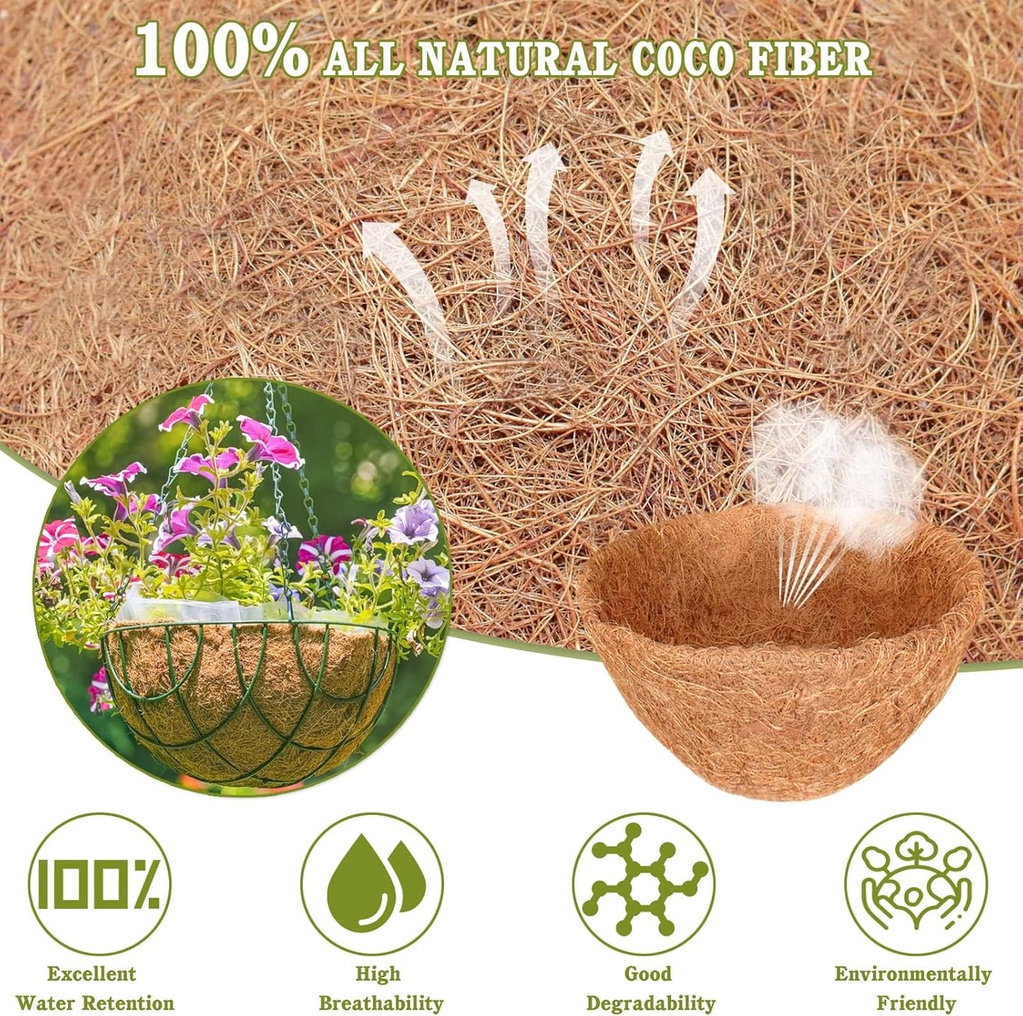 Halatool 4 PCS 14 Inch Coconut Liners for Planters Round Hanging Basket Liners 100% Natural Replacement Coconut Fiber Liner for Garden Flower Pot Vegetables Herbs