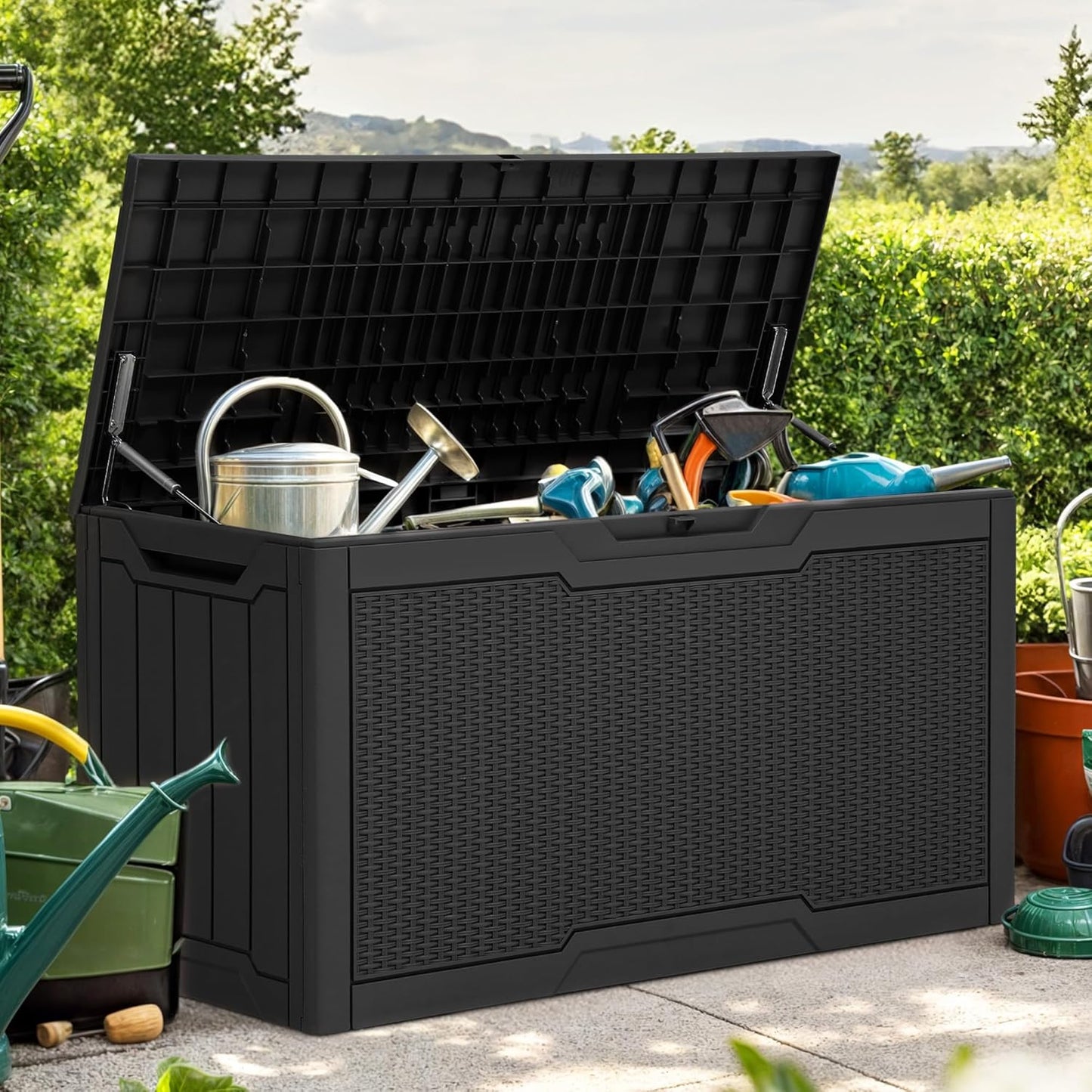 YITAHOME 80 Gallon Resin Deck Box, Weather Resistant Outdoor Rattan Storage Box, Lockable Indoor Outdoor Storage for Supplies and Essentials, Black