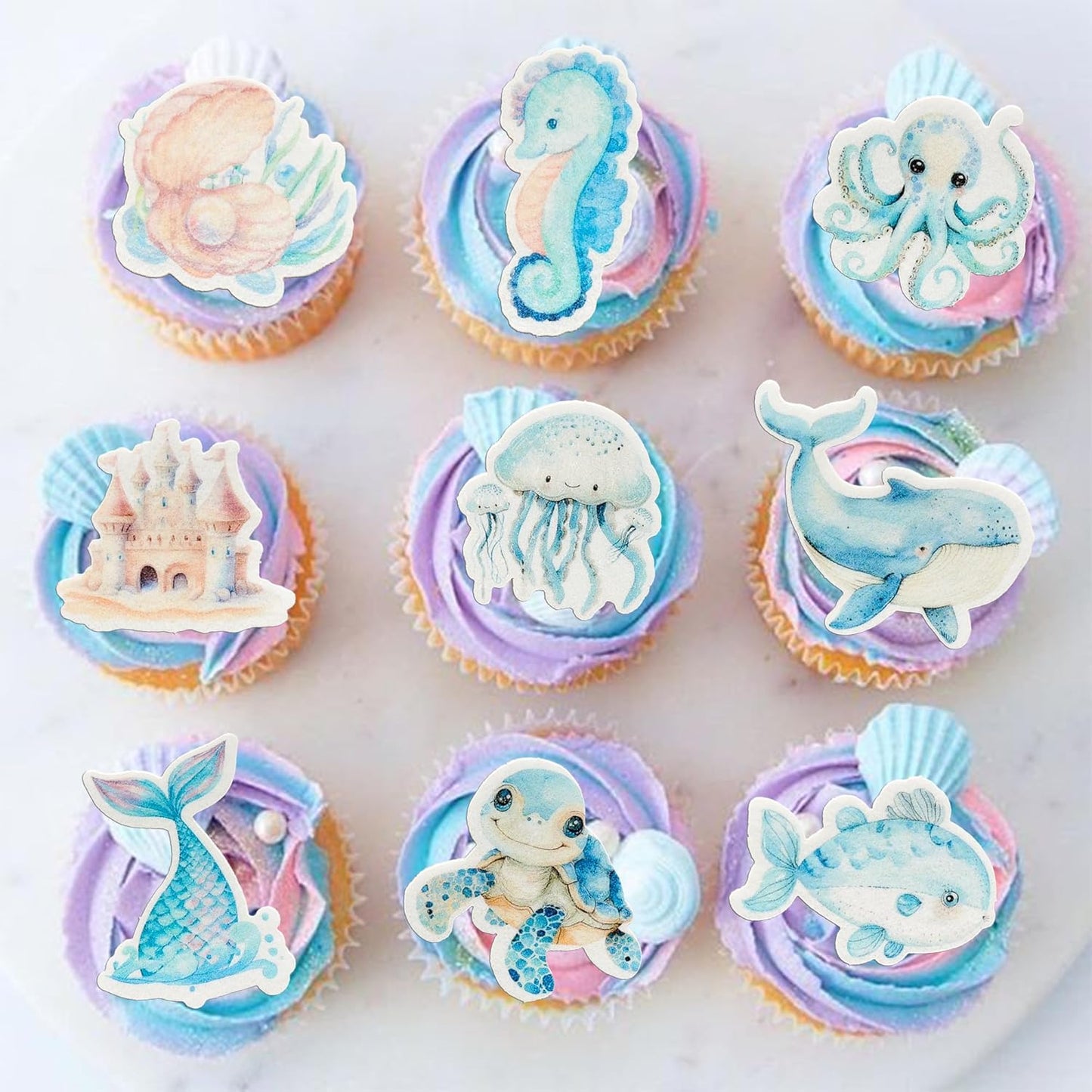 Ephlyn 54Pcs Edible Ocean Animal Cupcake Toppers Wafer Paper Octopus Dolphin Turtle Crab Mermaid Tail Cake Picks for Under the Sea theme Birthday Party Supplies Pink Blue