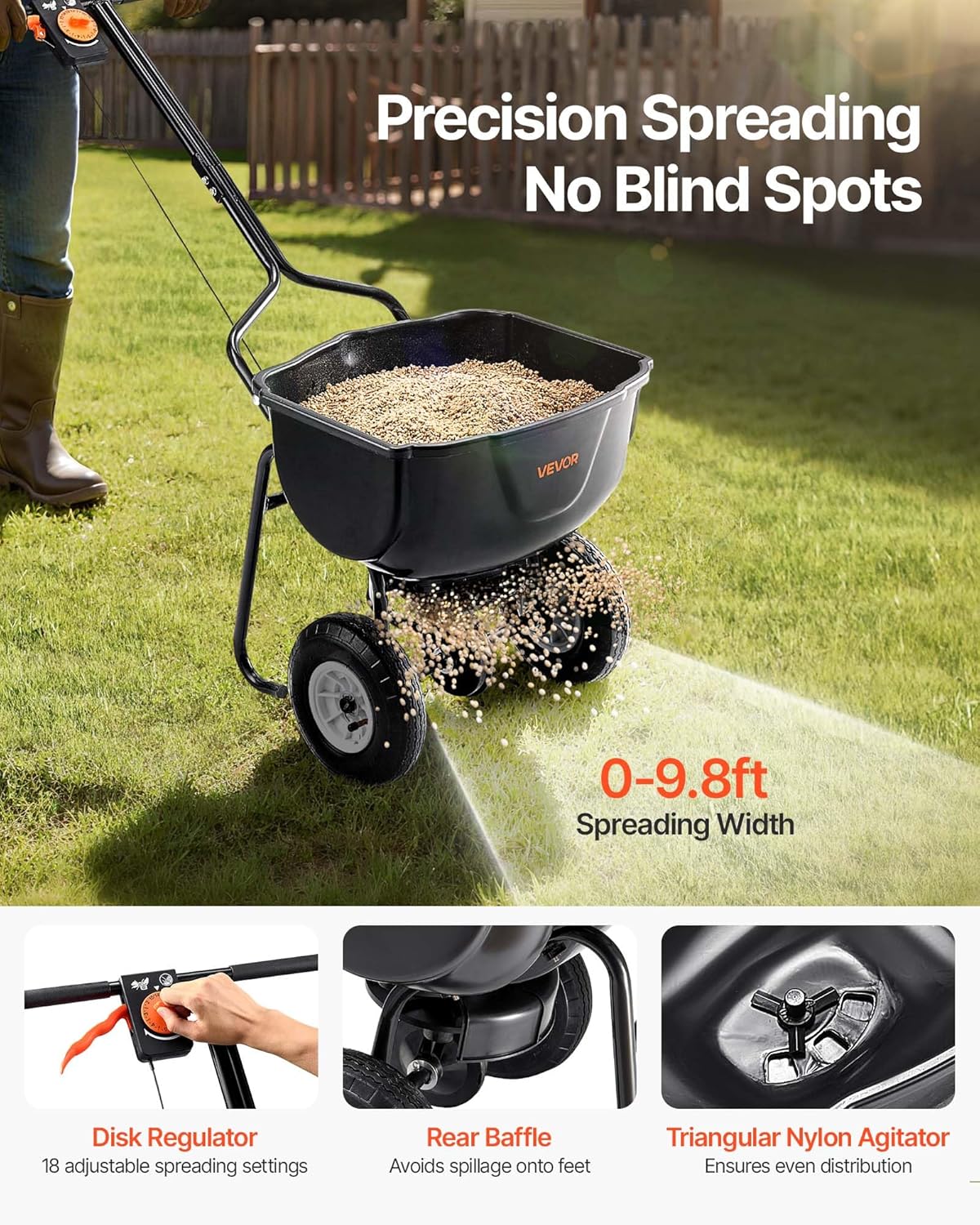 VEVOR Broadcast Spreader, 60LBS Capacity, Walk-Behind Push Spreader, 0-9.8 ft Spreading Width, 10 in All Terrain Pneumatic Tires, Lawn Spreaders with Hopper Grate, for Seed, Fertilizer, Ice Melt