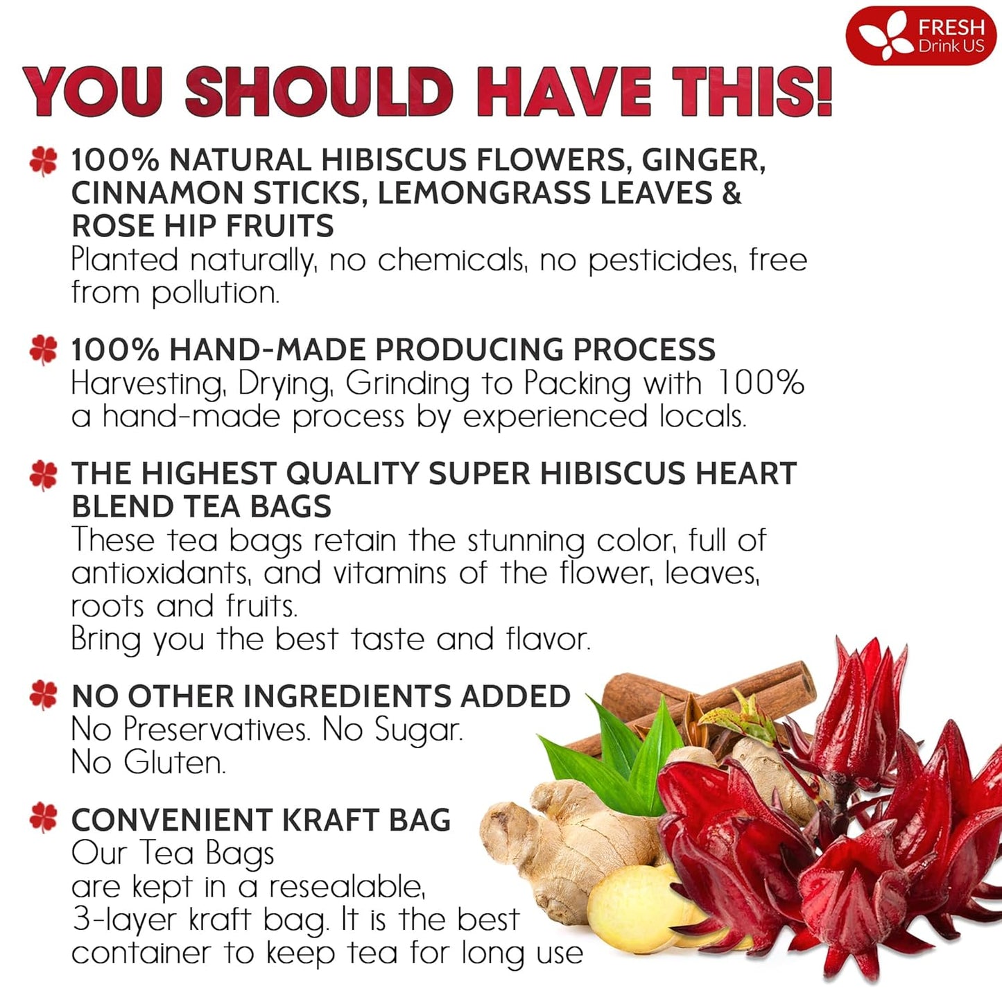FreshDrinkUS, 60 Tea Bags Super Hibiscus Heart Blend– Herbal Tea with Hibiscus Flower, Ginger, Cinnamon Stick, Lemongrass & Rose Hip – Naturally Caffeine-Free, Sugar-Free, Vegan