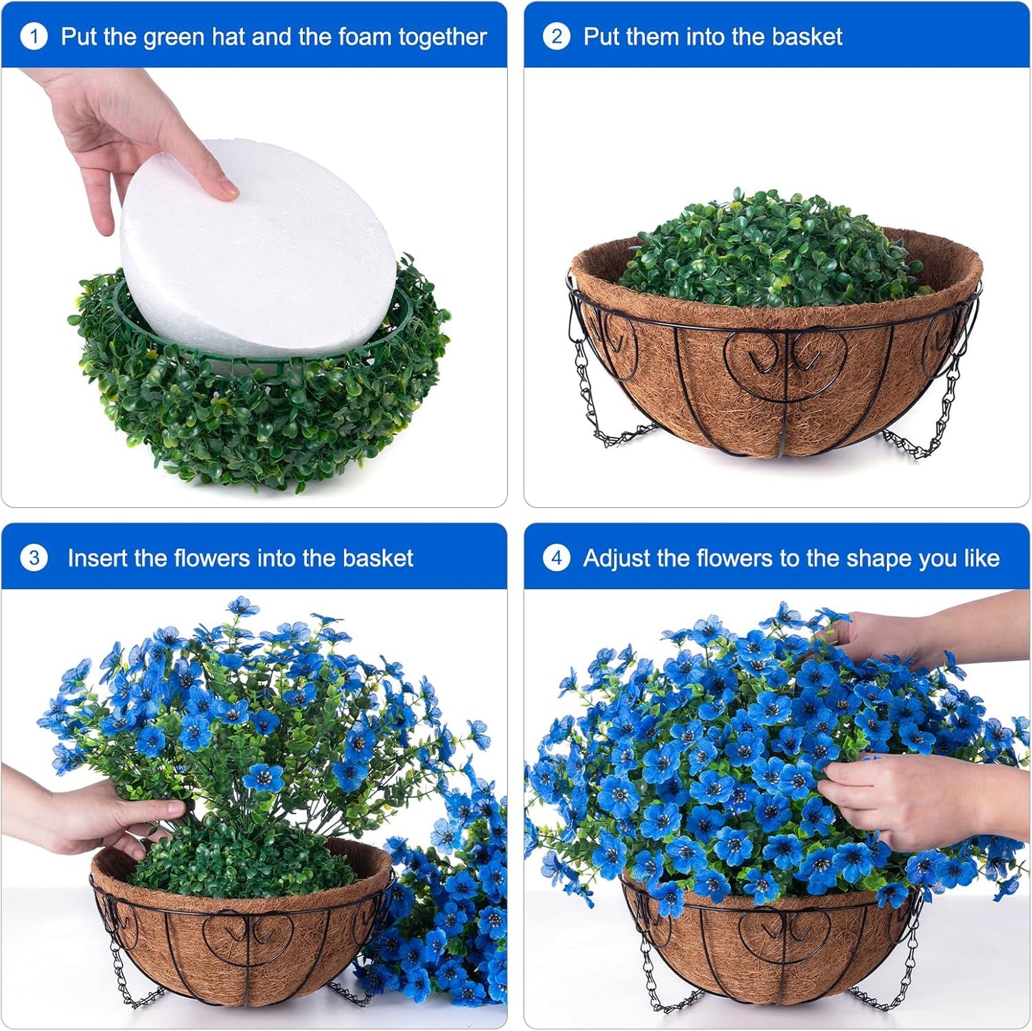 Artificial Fake Hanging Plants Flowers with Basket Outdoor Decor Faux Silk Daisy Flower Arrangements in Pot Planter for Porch Home Indoor Patio Garden Yard Decoration, Blue