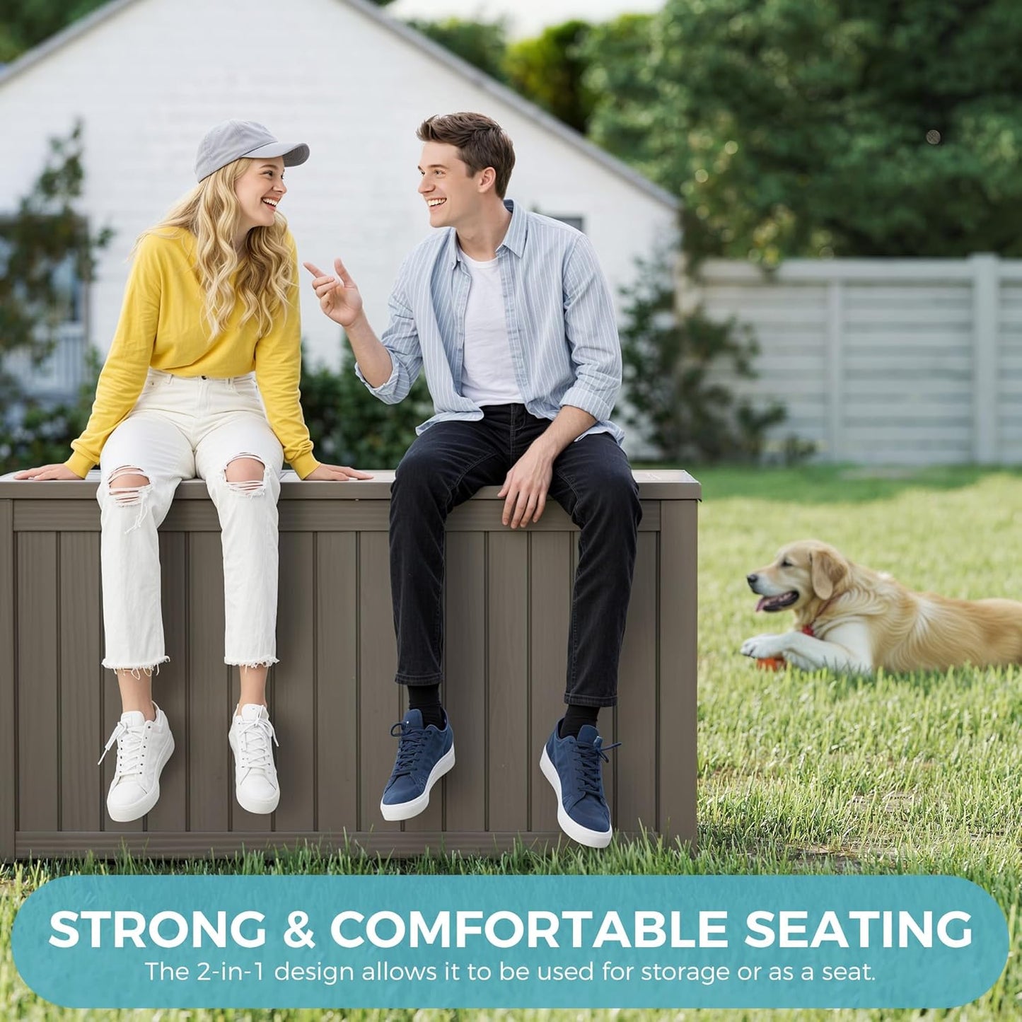 NUNU LAB 150 Gallon Outdoor Storage Box,Resin Large Sturdy Deck Box, Backyard Outside Storage Box Waterproof with Double Wall Panels,Package Delivery,Garden Outdoor Hose Bin