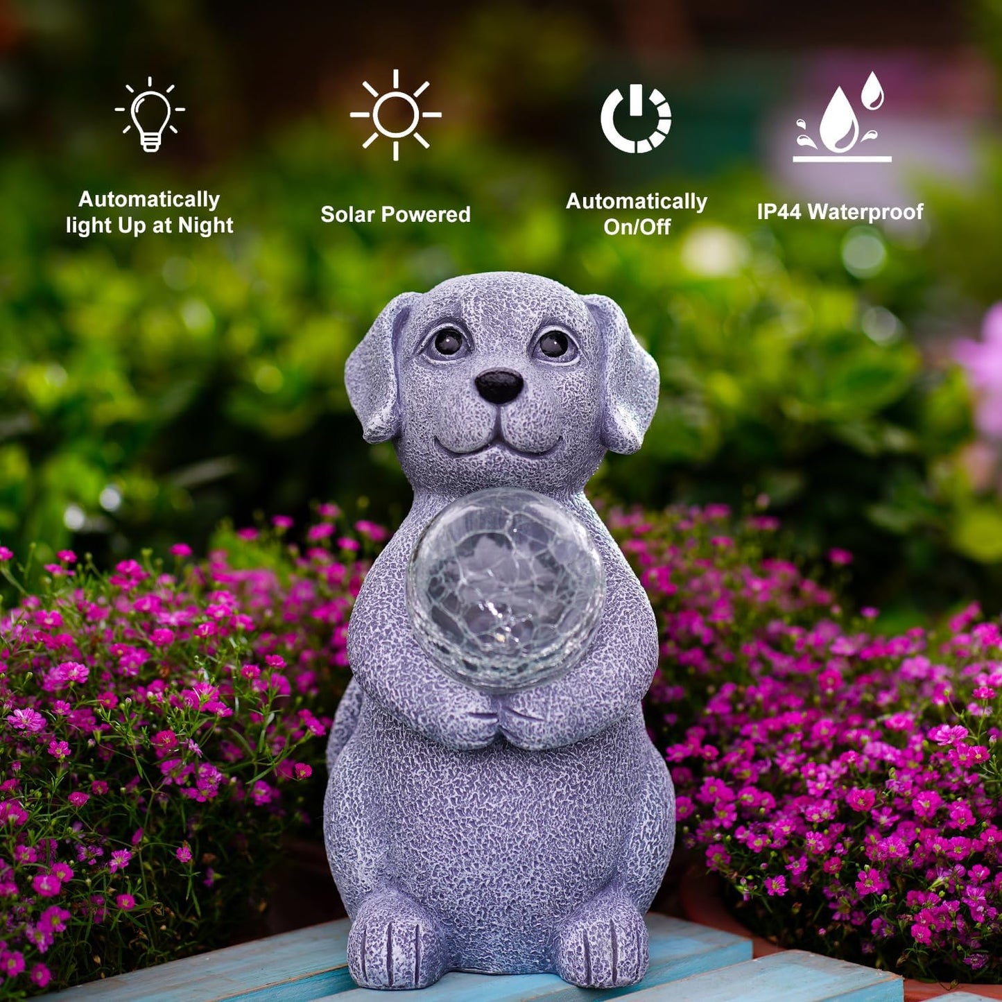 Dog Garden Statues - 8.4 Dog Decor with Gazing Ball LED Lights, Unique Gifts for Mom Grandma Birthdays, Outdoor Decor for Outside Lawn Porch Patio (Gray)