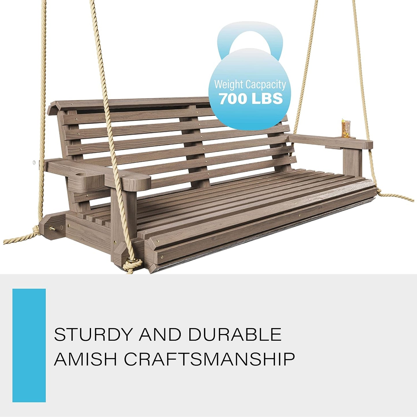 Porchgate Amish Heavy Duty 800 Lb Roll Comfort Treated Porch Swing W/Ropes (5 Foot, Warm Walnut Stain)