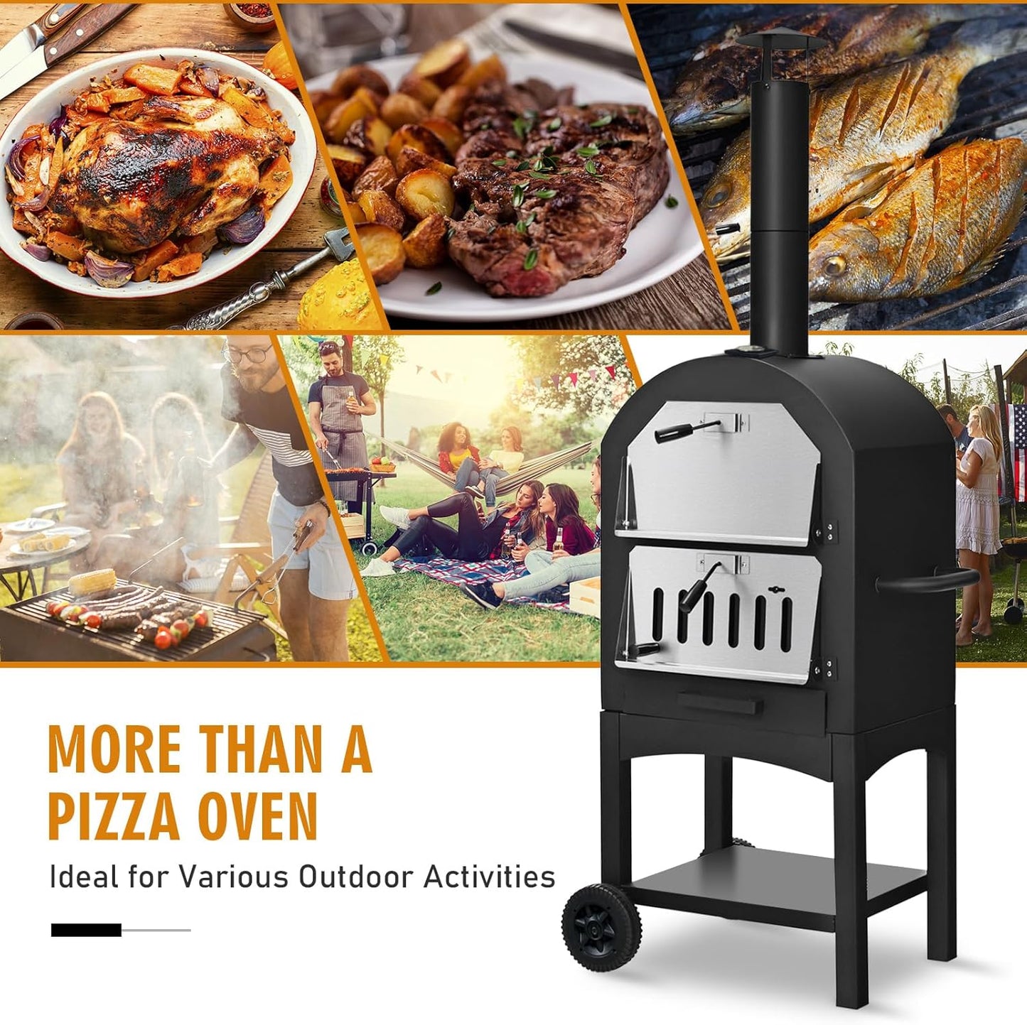Happygrill Outdoor Pizza Oven Wood Fired, Portable Pizza Maker Grill w/Stone, Peel, Cooking Grids, Built-in Thermometer, Waterproof Cover, Wheels for Barbecue Backyard Camping