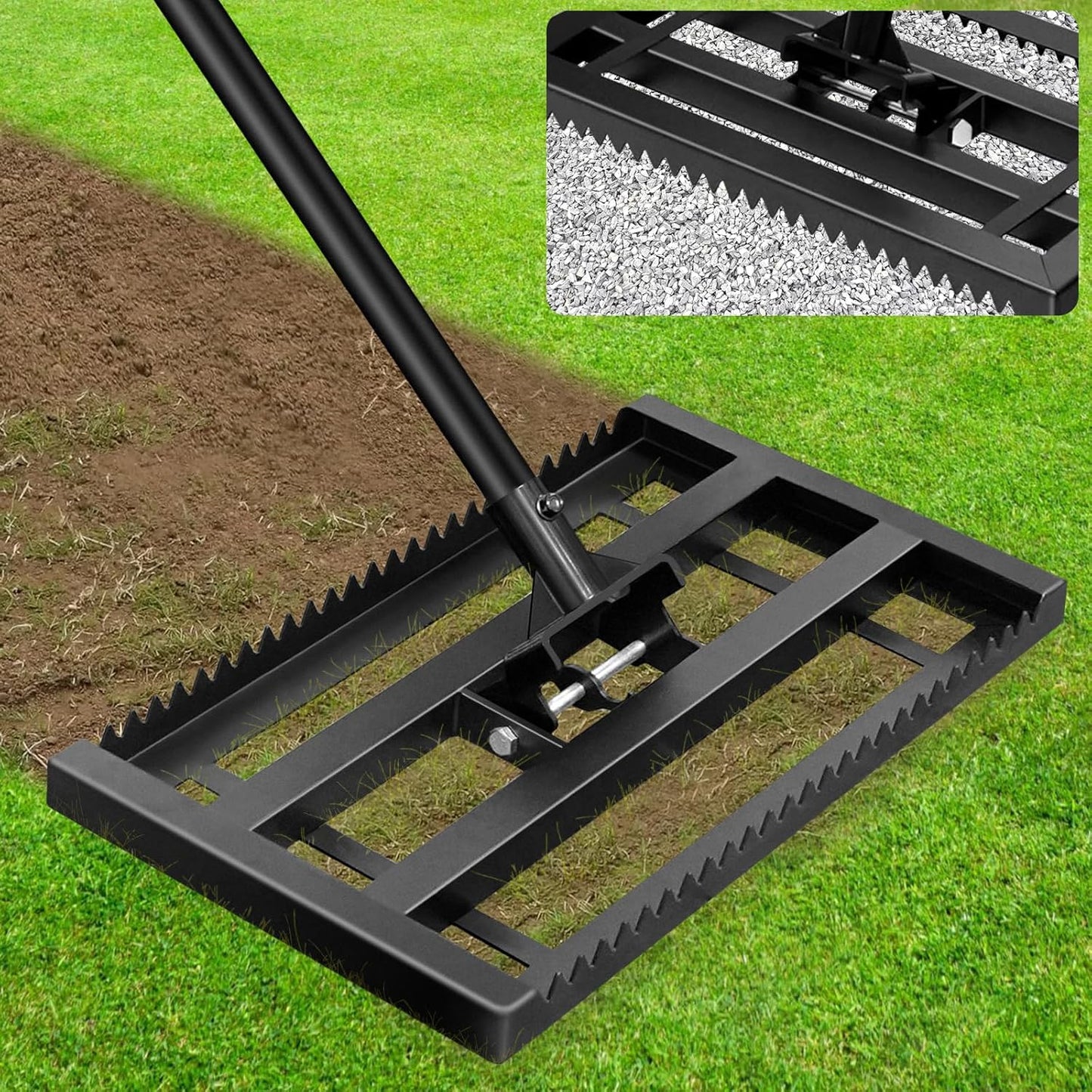 Lawn Leveling Rake-17"x10" Heavy Duty Leveler Reinforced Landscape Tool, Steel Golf Rake with Serrated Edge & Smooth Plate for Level Soil Compost Sand Grass Dirt Yard Garden 6.5FT Adjustable Handle