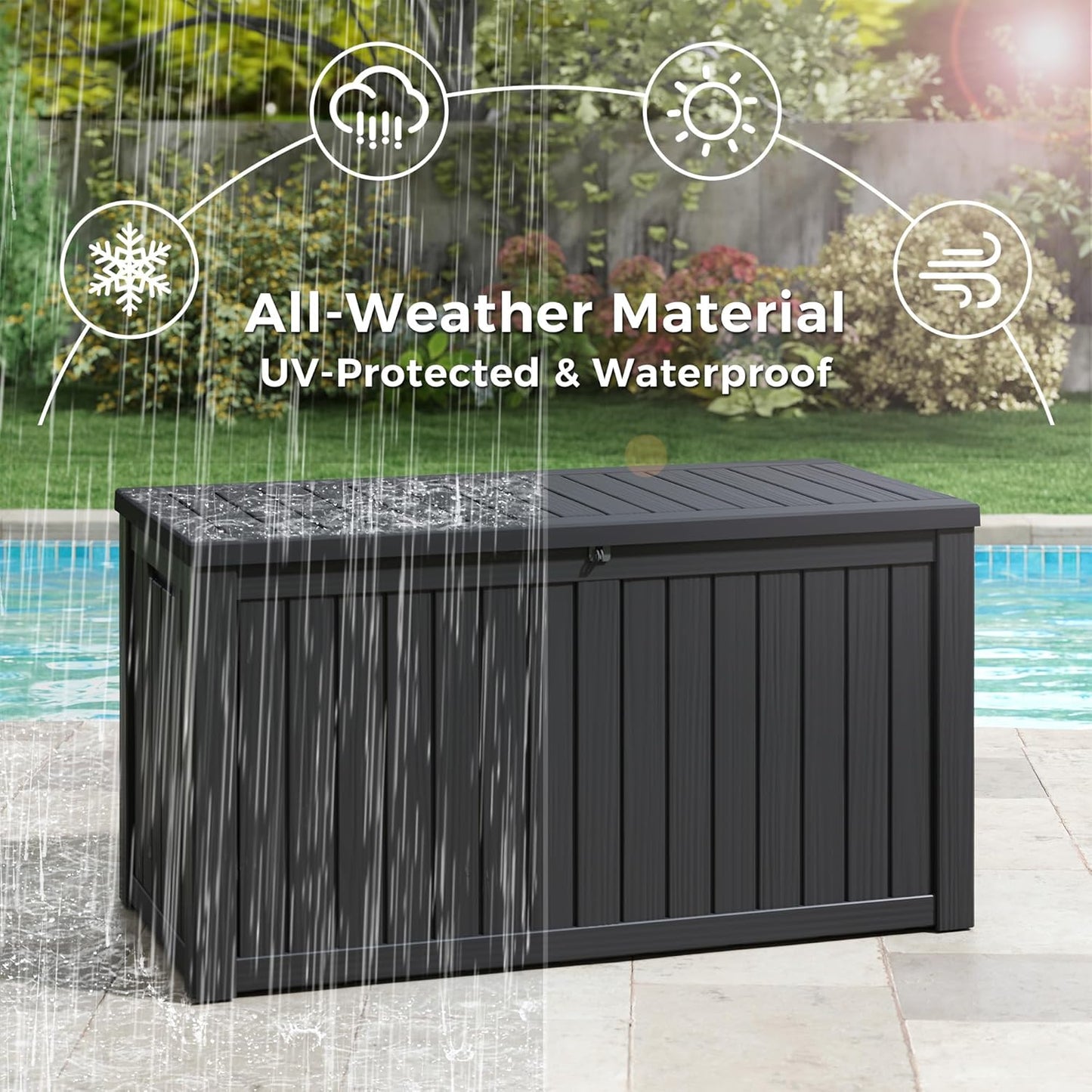 NUNU LAB 150 Gallon Outdoor Storage Box,Resin Large Sturdy Deck Box, Backyard Outside Storage Box Waterproof with Double Wall Panels,Package Delivery Garden Outdoor Hose Storage Bin