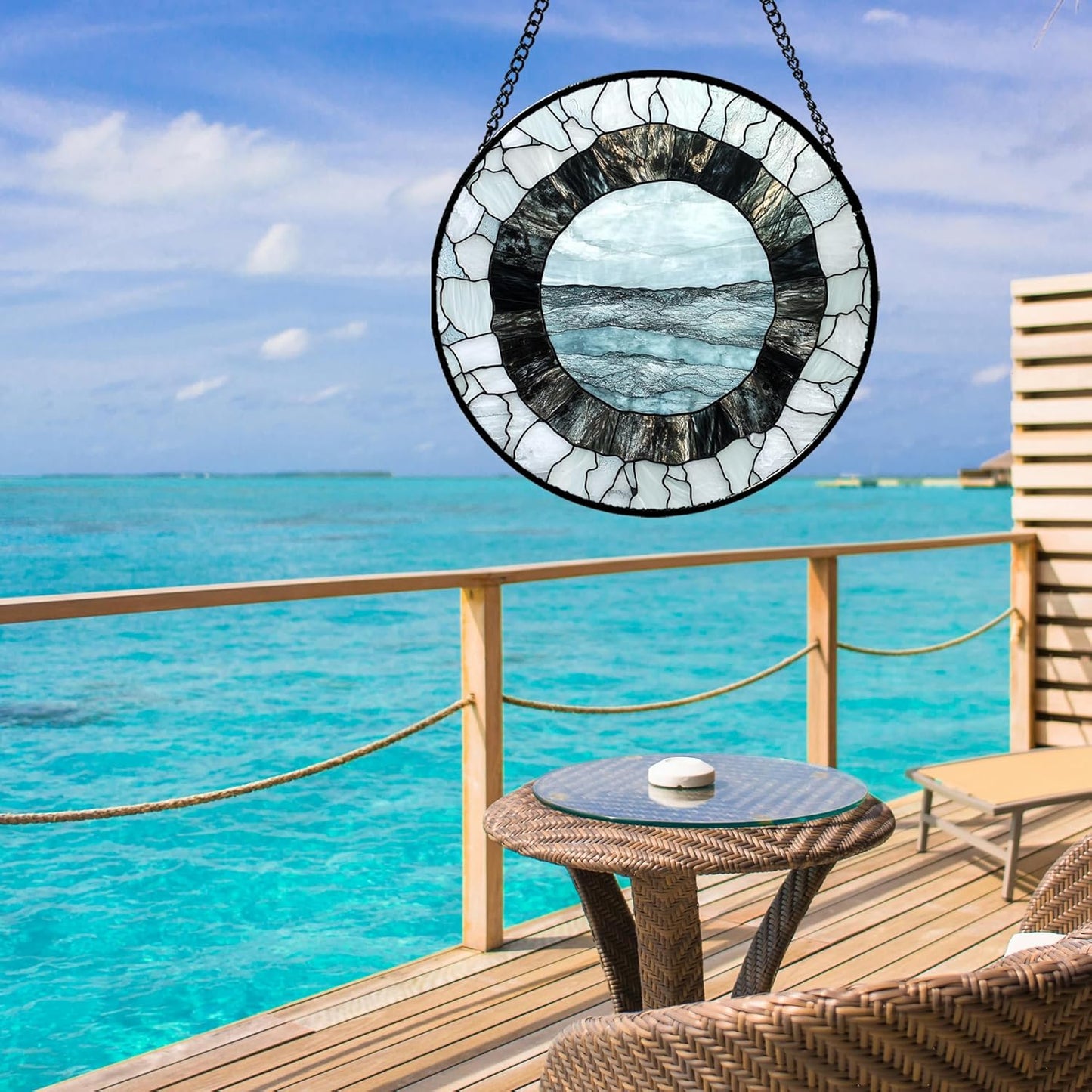 Stained Glass Window Hanging - Abstract Sea Surface Suncatcher for Doors Garden Patio Round Sun Catchers Decor Christmas Mother's Day Birthday Gifts for Women Men Mom Nana Friend 6.3 in