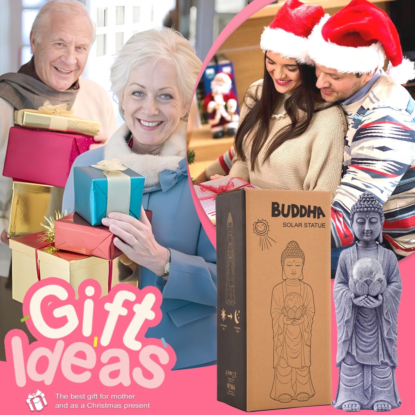 Goodeco Buddha Statue with Solar Lotus – 14.4 Inch Tall Large Garden Buddha Statue for Outside, Outdoor Zen Garden Statues